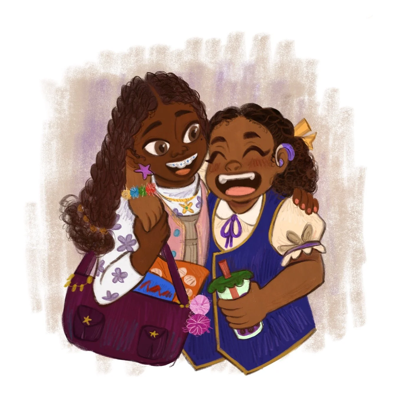 Two young children with dark skin and curly hair are happily hugging and laughing. One is holding a colorful cup with a straw, and they are wearing bright, playful clothes with accessories like a backpack, earrings, and necklaces.