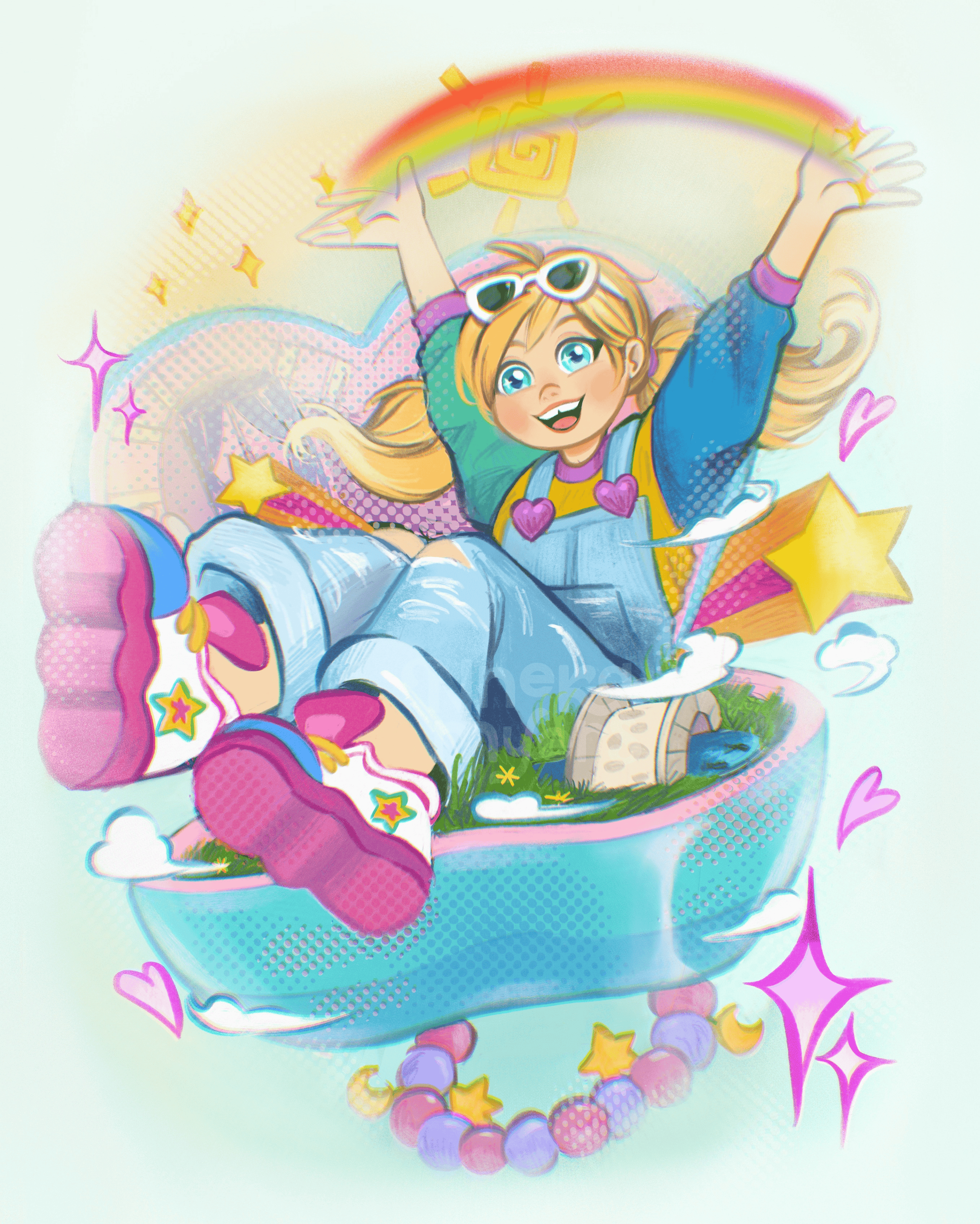 Colorful cartoon illustration of a girl with blonde hair, wearing sunglasses, a rainbow and star-themed outfit, sitting in a floating cloud with a rainbow above her, surrounded by hearts and stars.