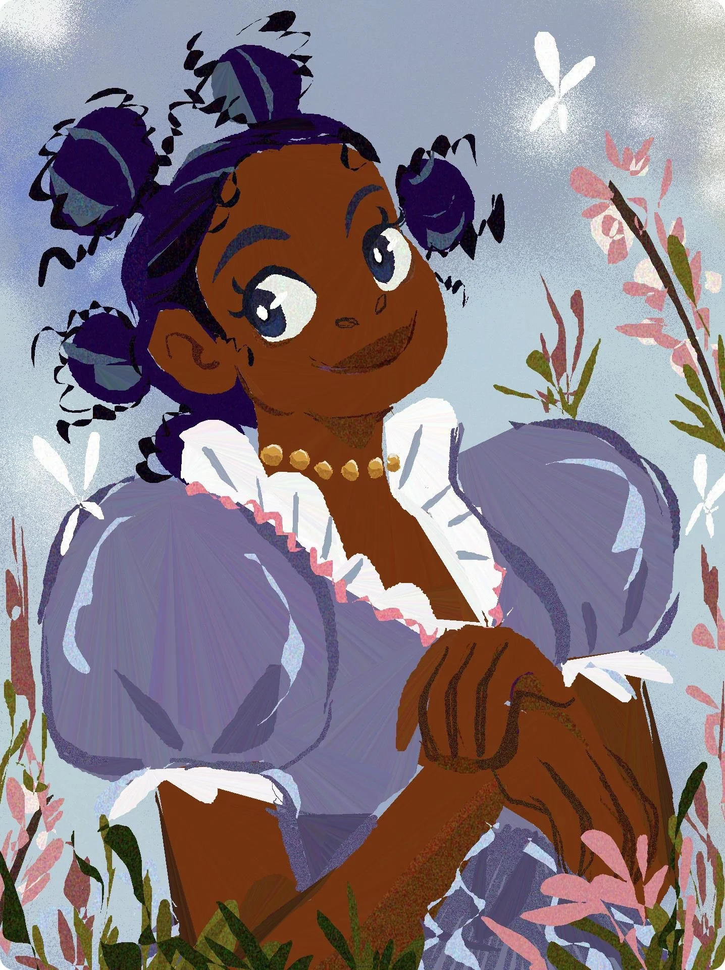 Cartoon illustration of a smiling woman with dark skin and purple hair styled in two buns, wearing a white and purple Victorian-style dress with puffed sleeves, a pearl necklace, and surrounded by pink flowering plants.