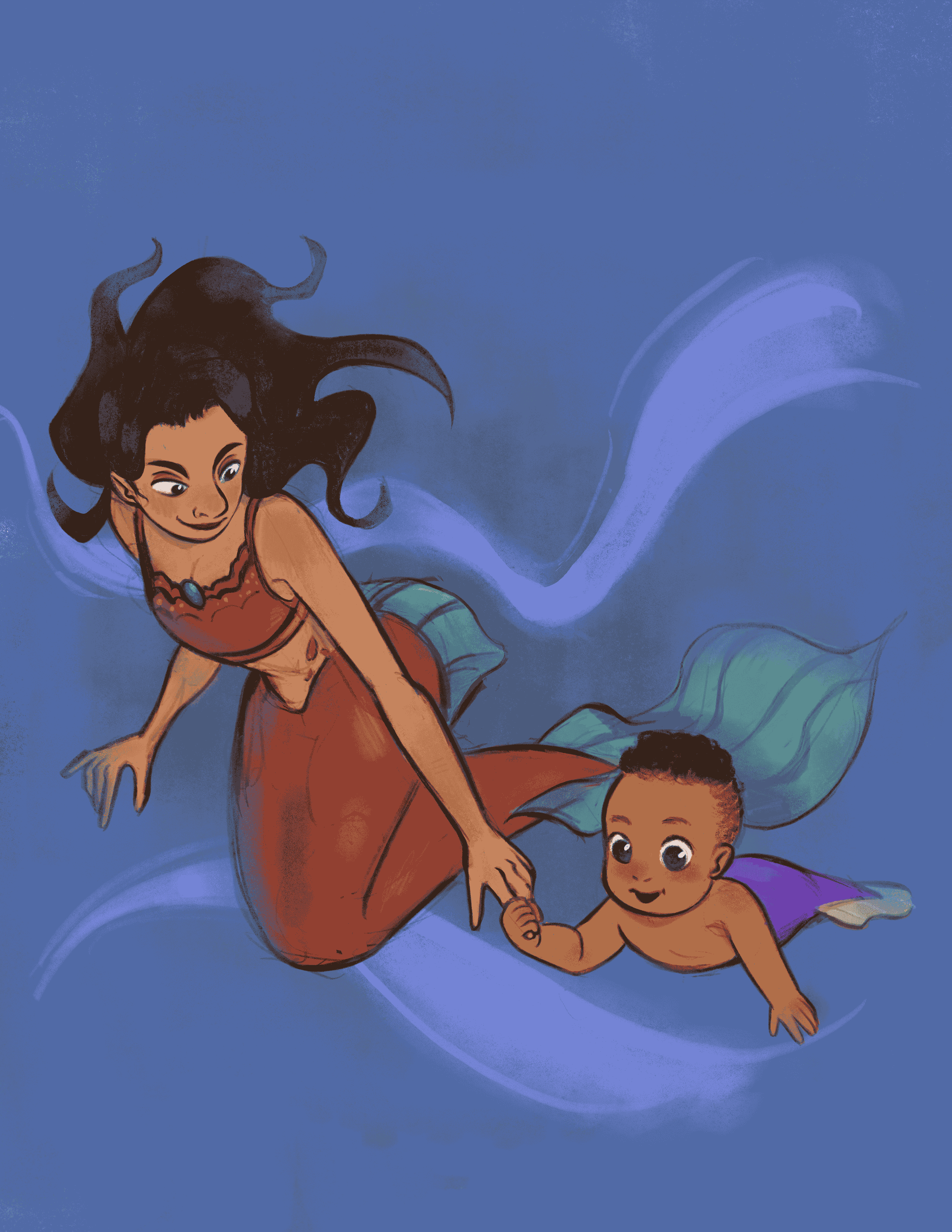 Animated illustration of a young woman with long dark hair, dressed in an orange top and skirt, holding the hand of a playful, smiling toddler mermaid with dark curly hair and a purple tail, swimming in a blue water background.