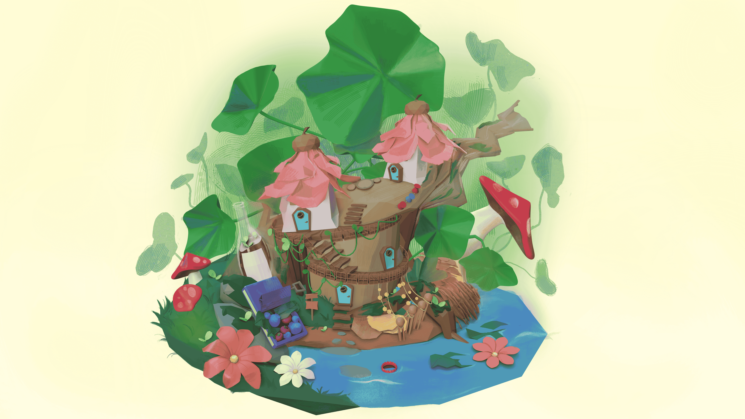 A whimsical, cartoon-style treehouse built into a large tree with pink mushroom-like roofs. The treehouse is decorated with small doorways, hanging lanterns, vines, and tiny stairs. Surrounding the tree are large green leaves, mushrooms, flowers, and