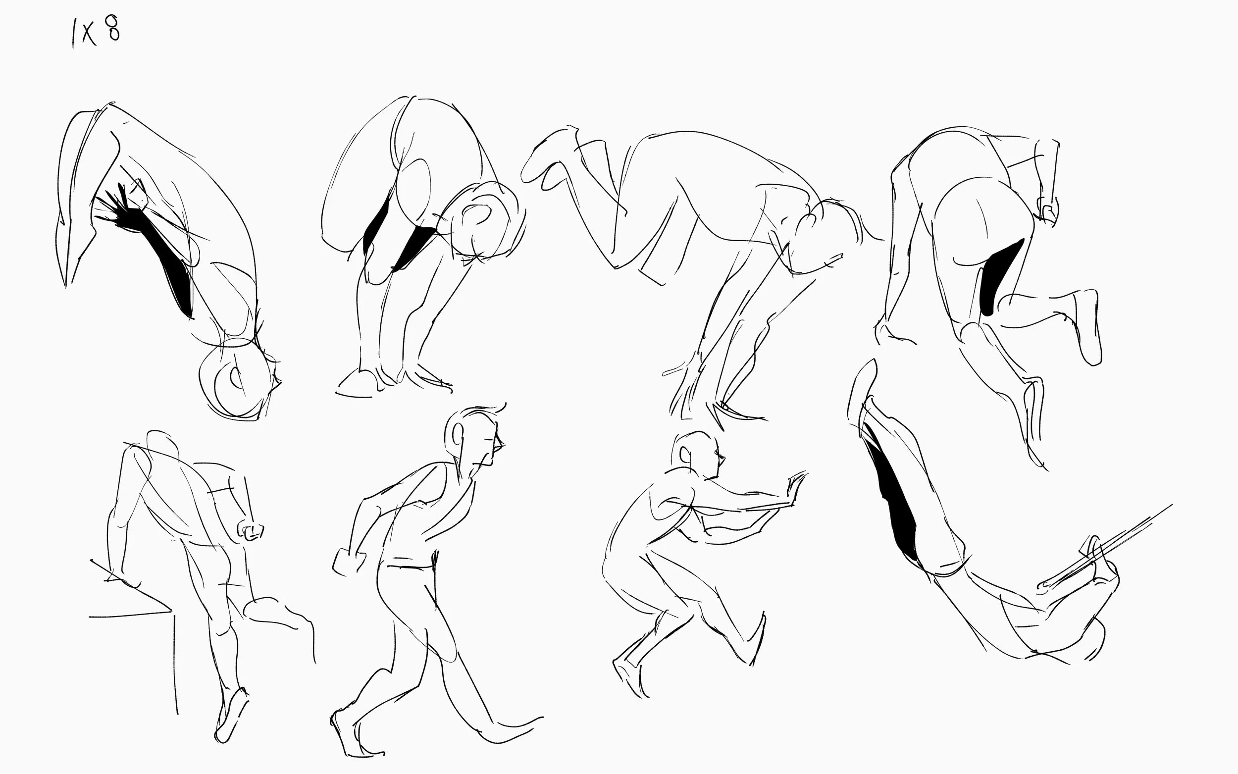 Sequence of quick sketches showing a person in various stages of a push-up exercise and then a person reading a book.