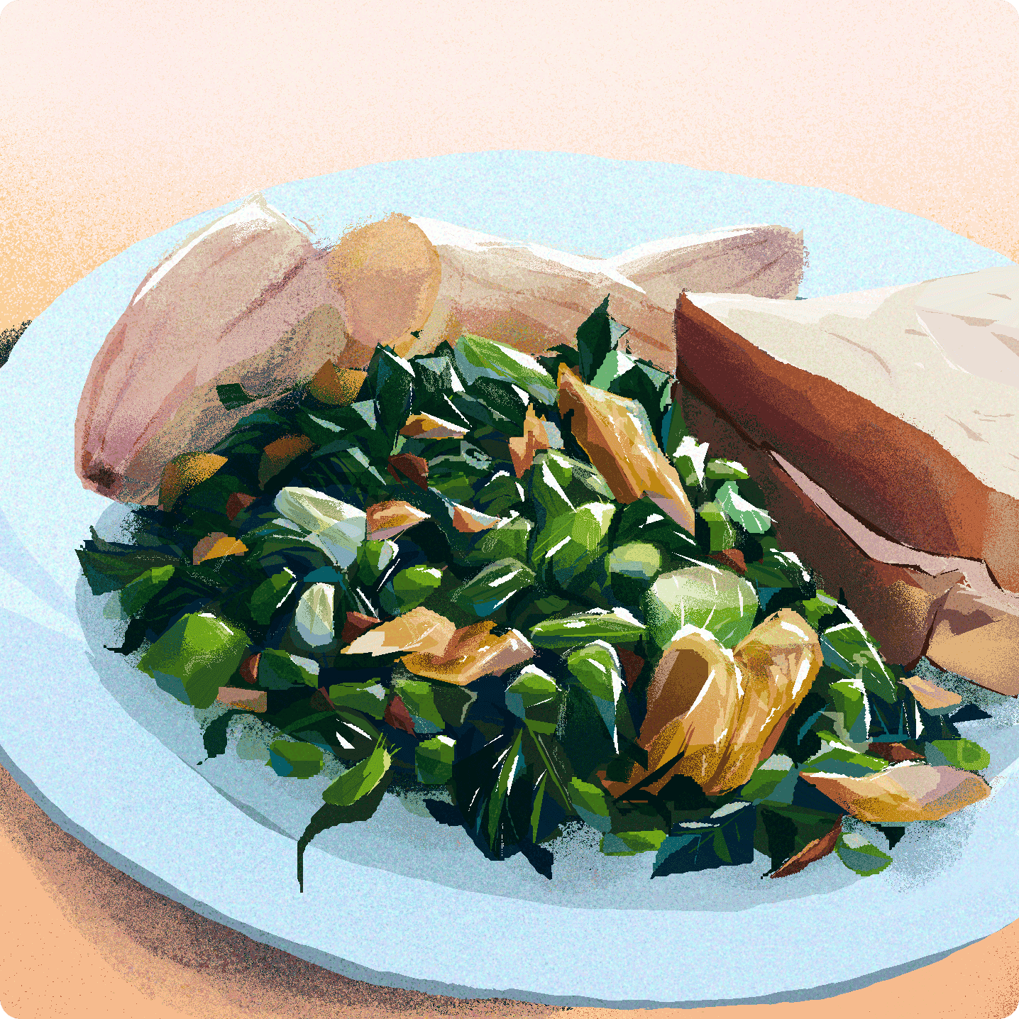 A plate with a leafy green salad topped with grilled chicken strips and a side of bread.