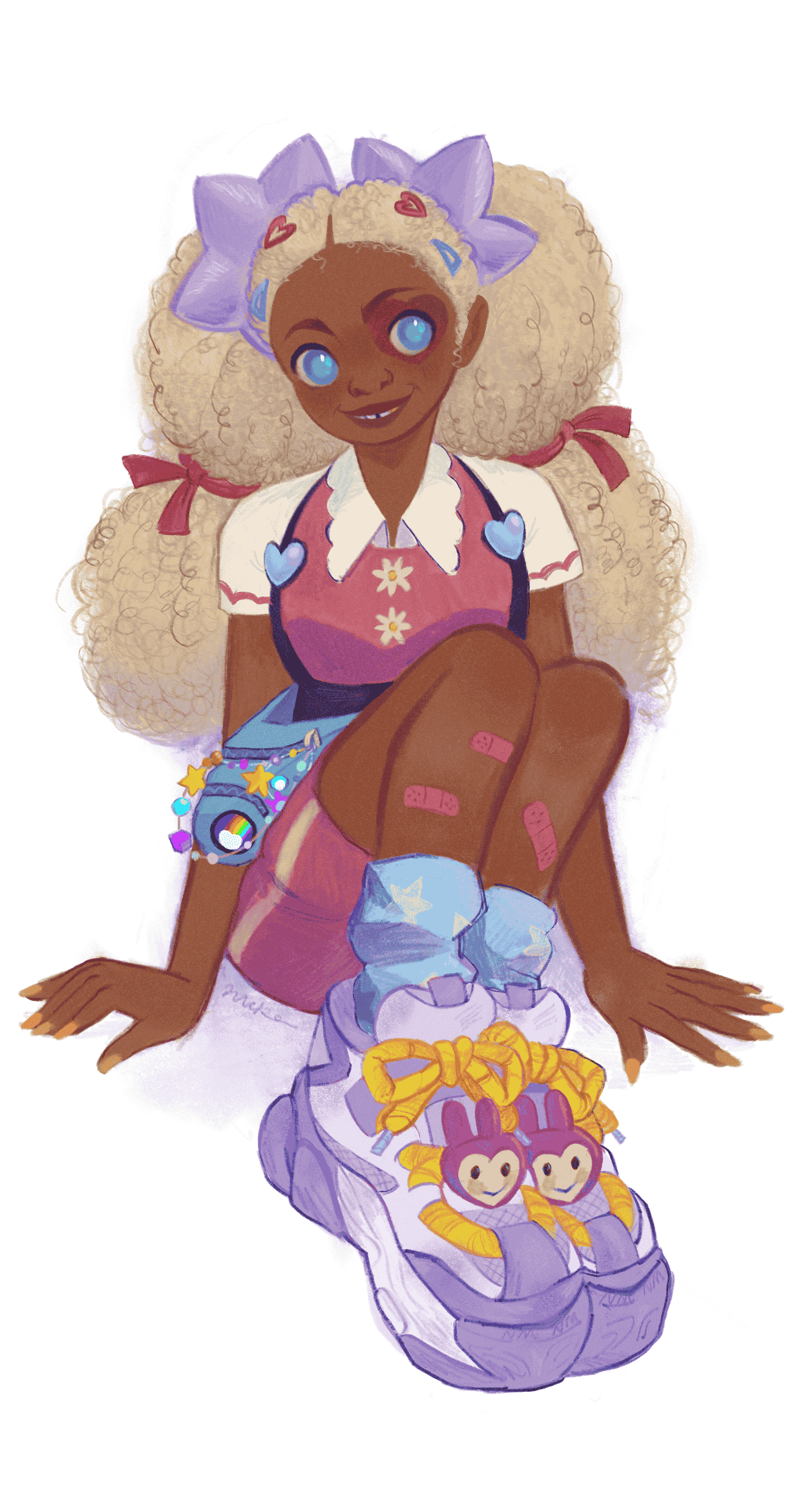 A young girl with dark skin and curly blonde hair, adorned with a purple bow headband and heart-shaped hair clips, sitting on the floor surrounded by toys including sneakers, a small backpack with animal faces, and a camera, all in a colorful, animat