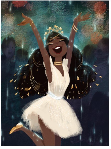 Illustration of a joyful woman dancing in the rain at night, wearing a white dress, with arms raised, surrounded by colorful fireworks and cartoons of other people.