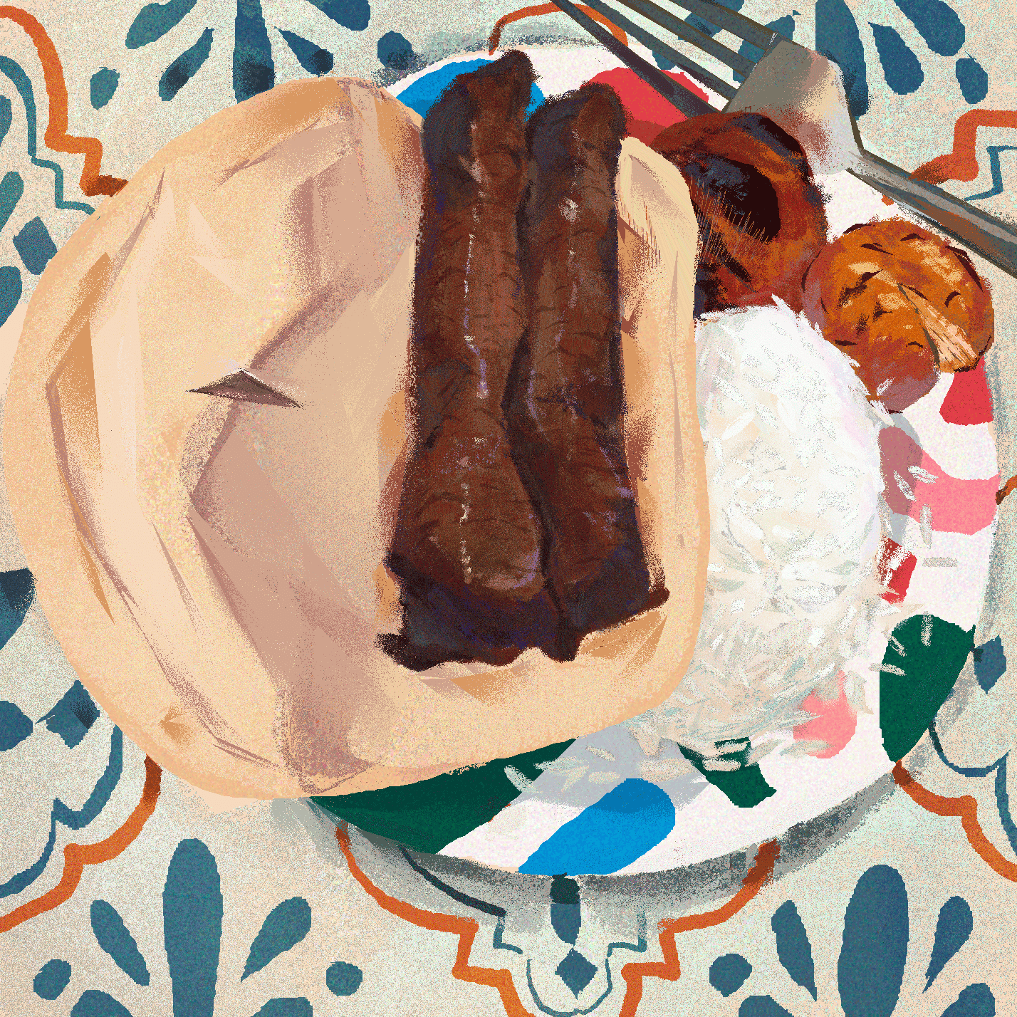 A breakfast plate with two cooked sausages, a fried egg, and toast, placed on a colorful patterned tablecloth with fork and knife.