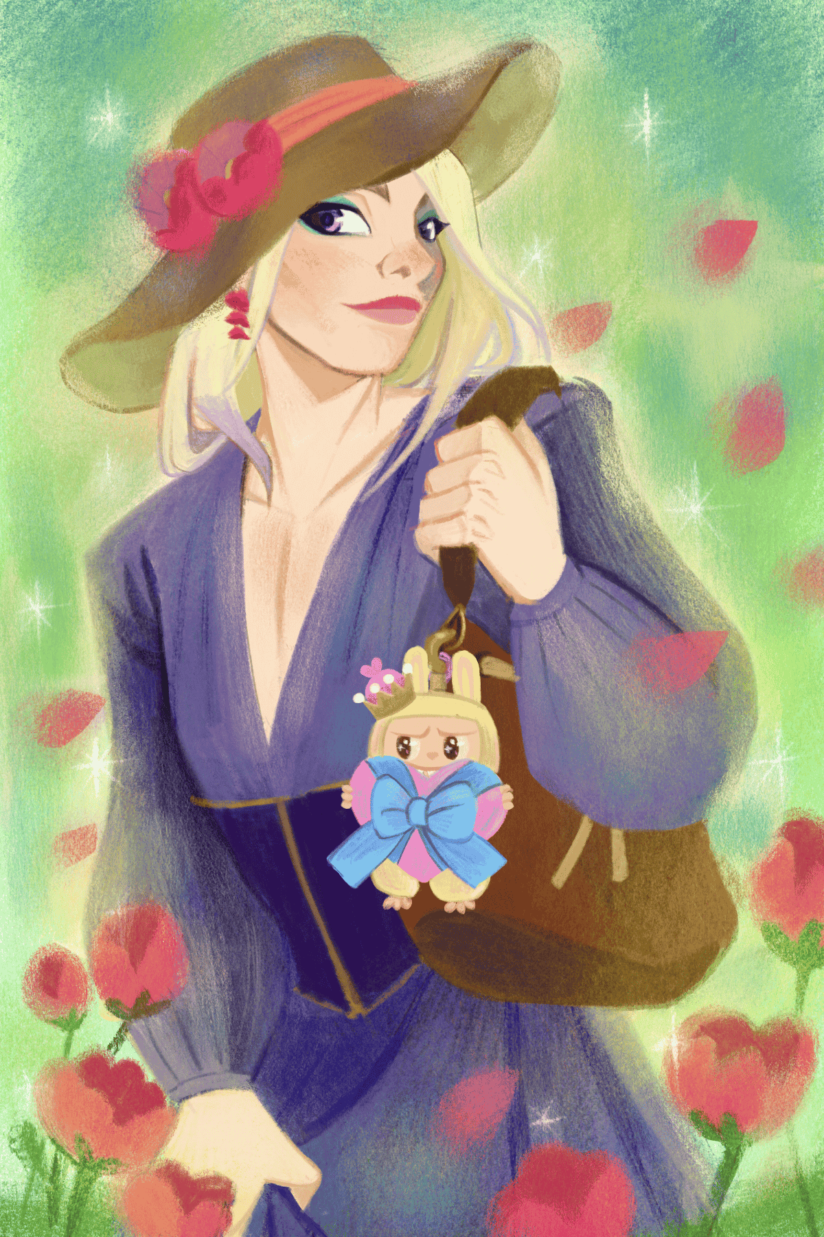 Illustration of a woman wearing a large hat with a pink flower, holding a keychain with a cute fairy-like character, surrounded by a vibrant background of green and red flowers.