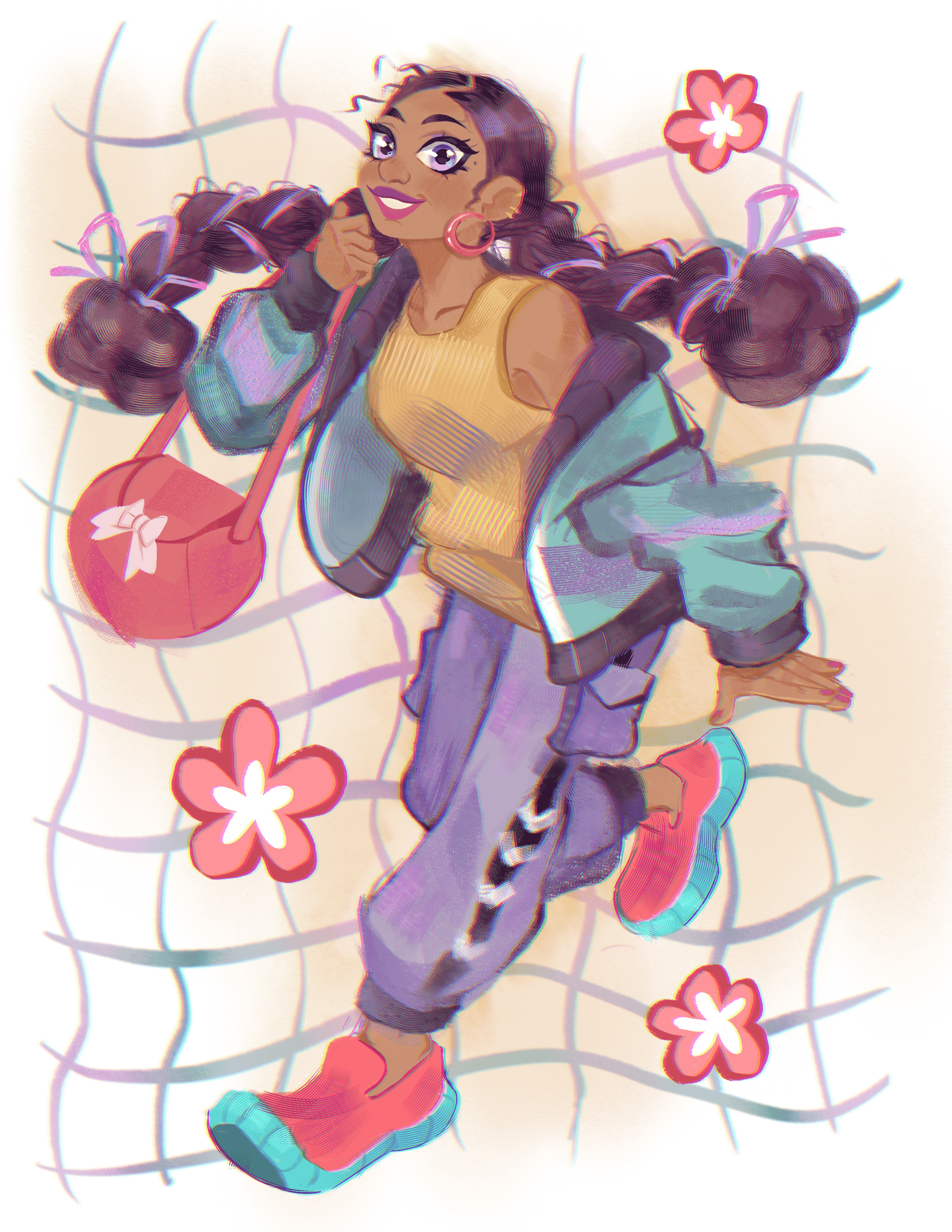 Digital illustration of a girl with brown skin, brown hair styled in two large buns, wearing a yellow top, gray and teal jacket, purple pants with stripes, and pink sneakers, lying on a colorful net with pink flowers around her.