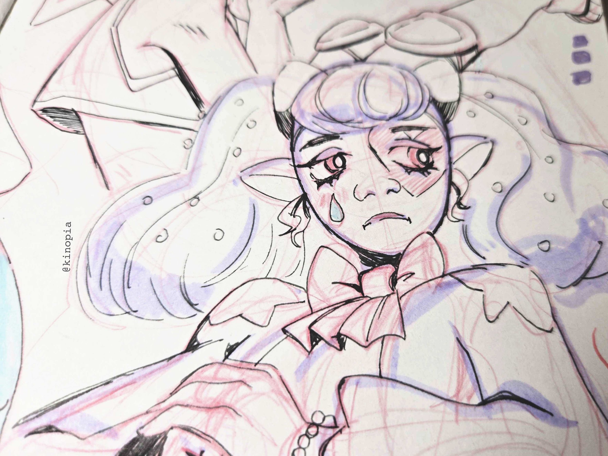 A hand-drawn illustration of a female character with elf-like ears, big expressive eyes, and tears on her cheek, wearing a bow tie. The drawing features colored pencil strokes and outlines, with some shading and detailing.