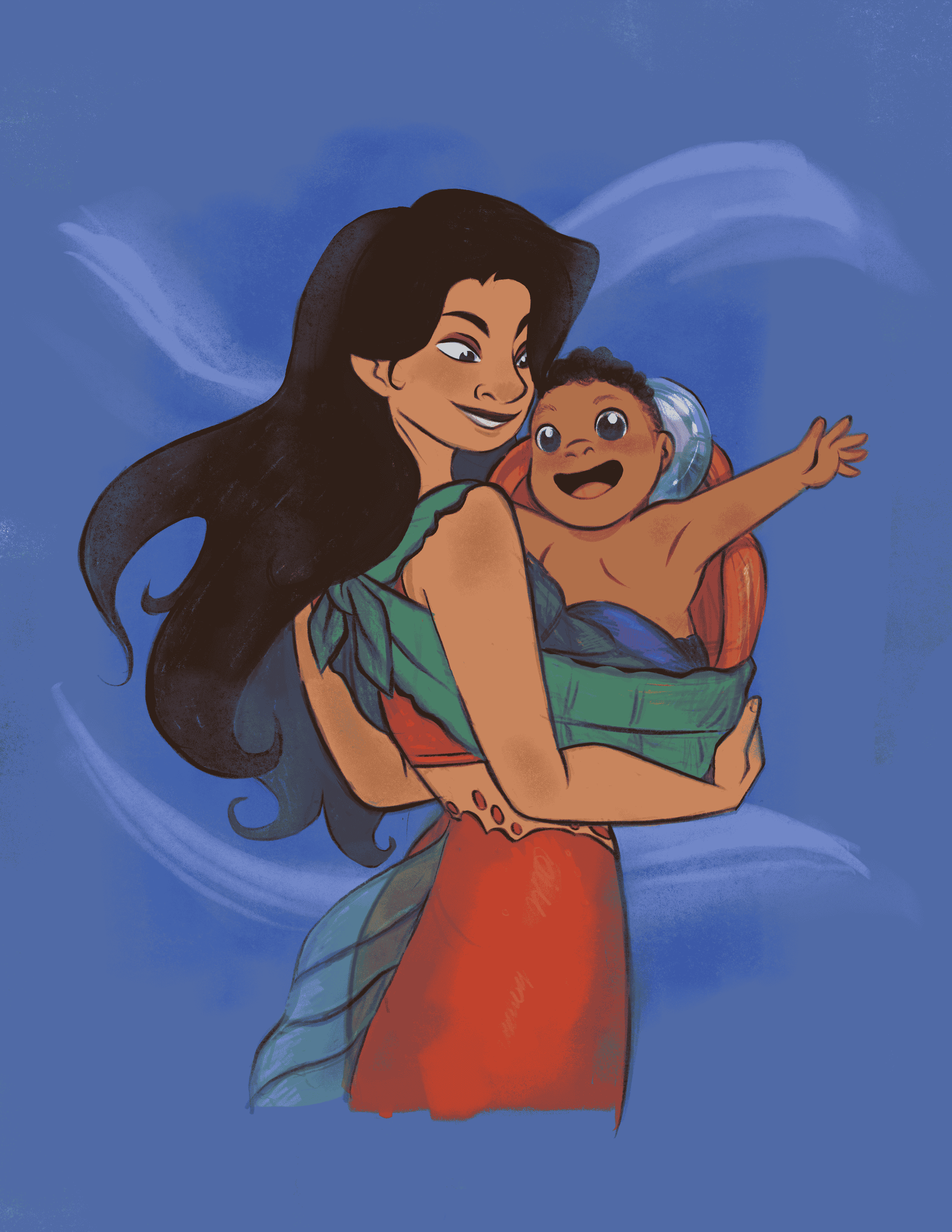 Animated depiction of a woman holding a young child with a blue sky and clouds in the background.