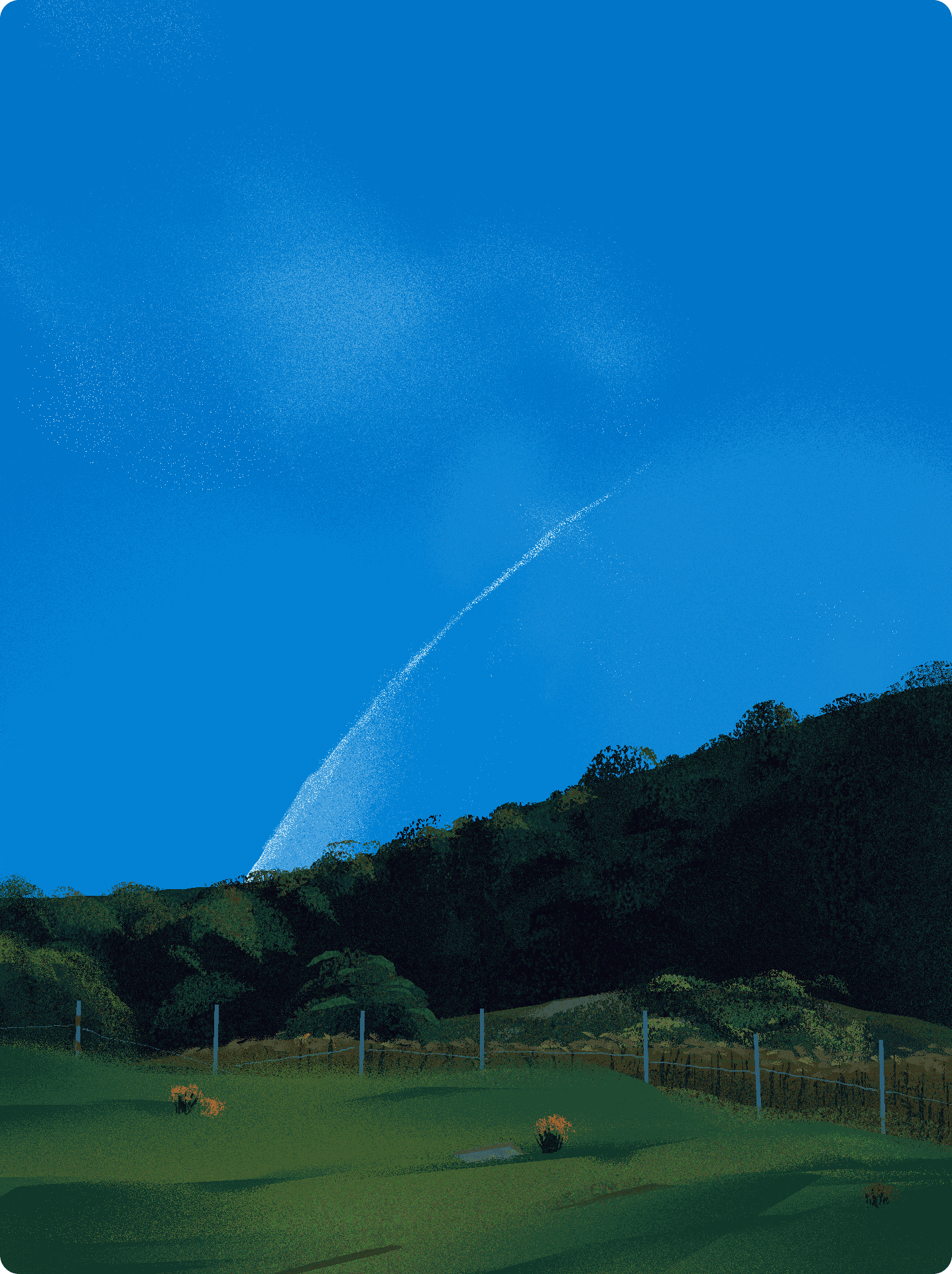 A green landscape with trees and a fence, blue sky with a large arc of water spray from a sprinkler system