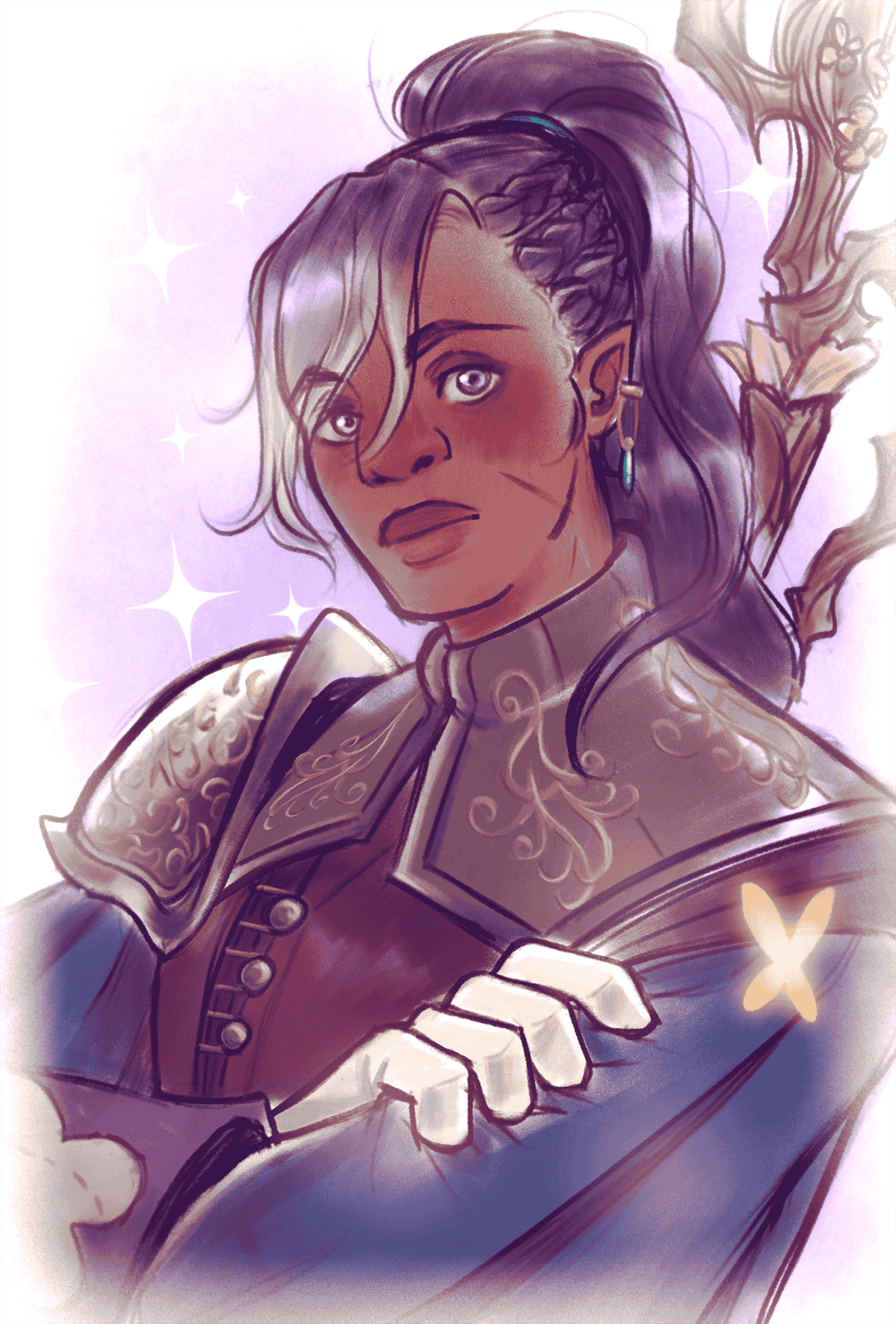 An illustration of a female elf warrior with pointed ears and a mix of dark and white hair, wearing ornate armor, with a serious expression, set against a purple background with sparkles and a glowing butterfly.