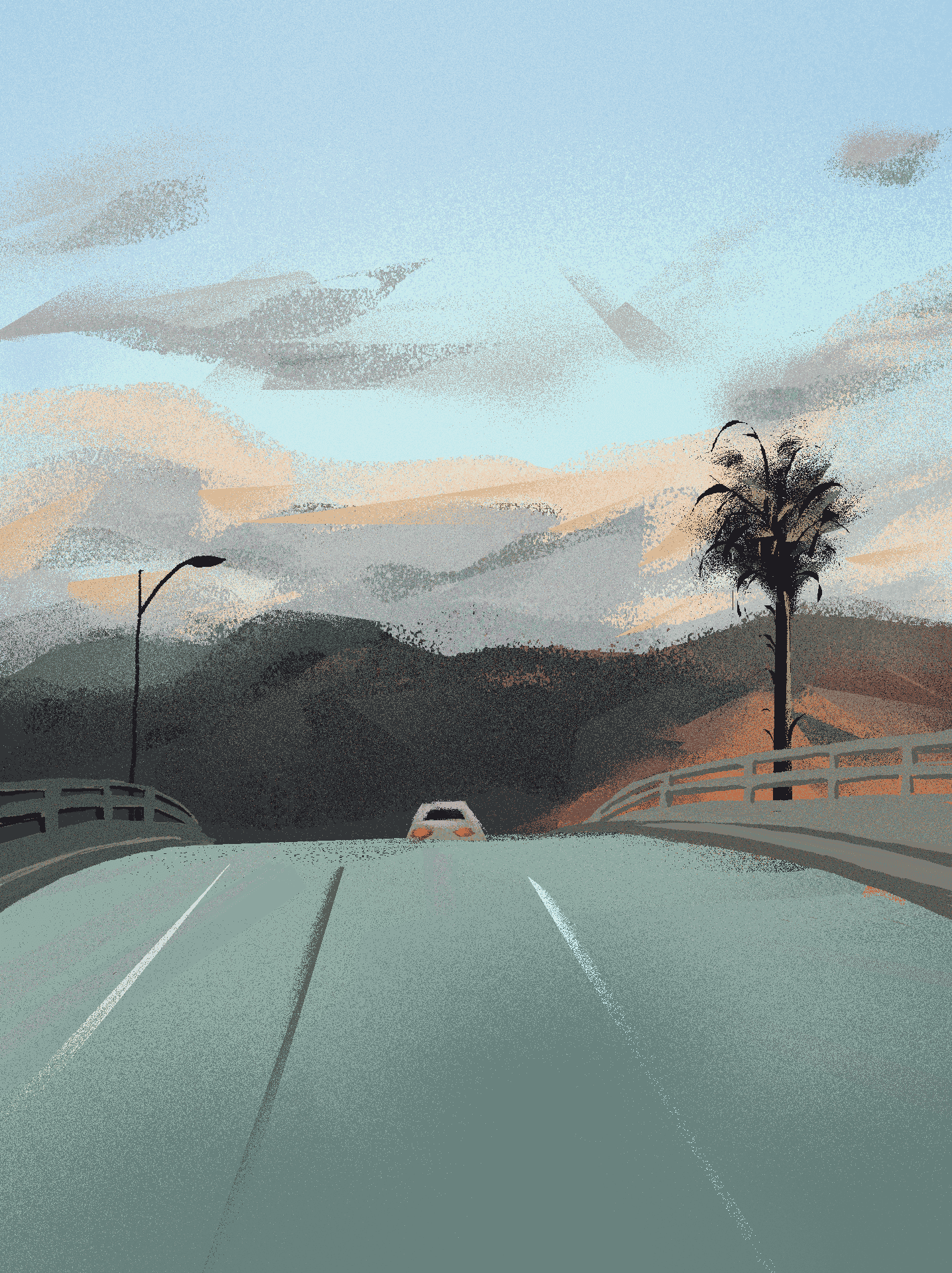 A digital illustration of a road with a car driving into a mountain landscape at sunset. There are streetlights and a tree on the right side of the road, with clouds and mountains in the background.