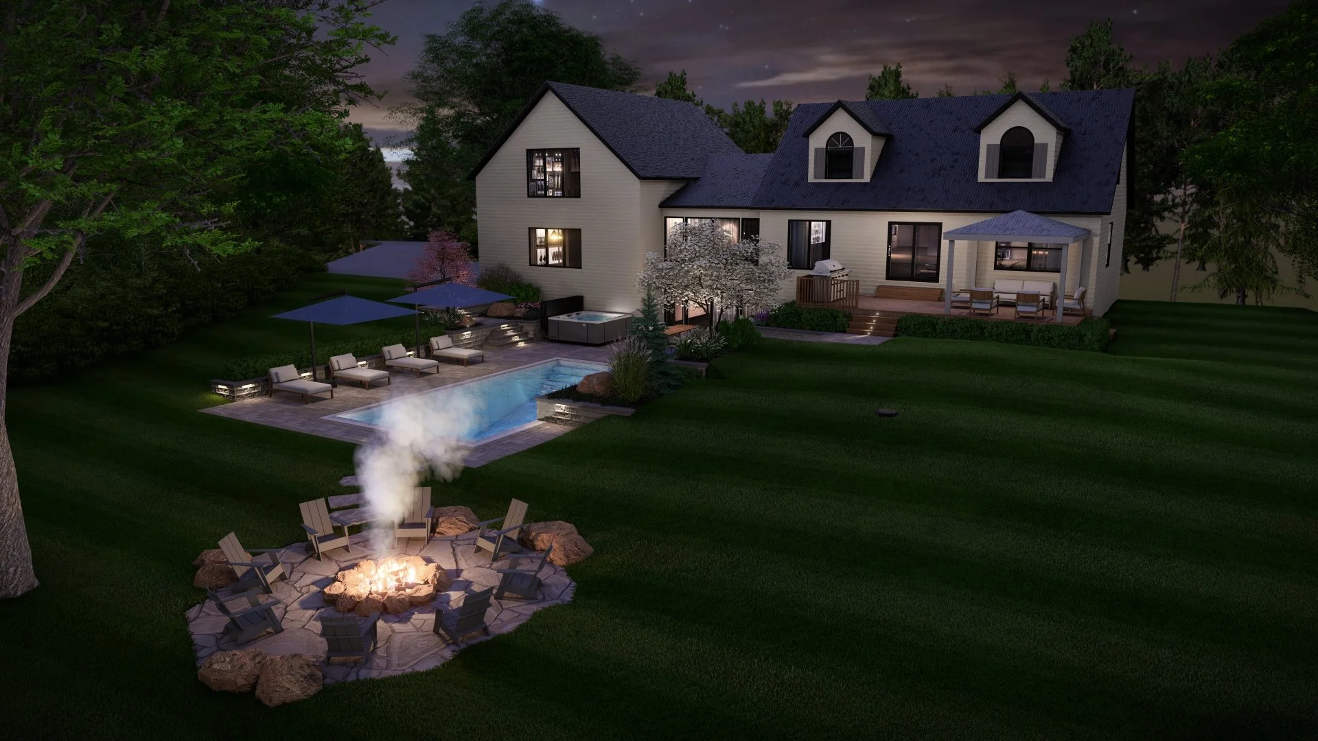 3D pool rendering with patio stones lighting and retaining walls