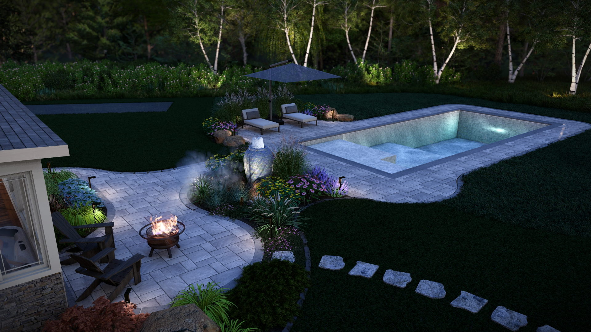 Nighttime backyard scene with a small pool, lounge chairs with an umbrella, a fire pit, garden plants, and a stone pathway.