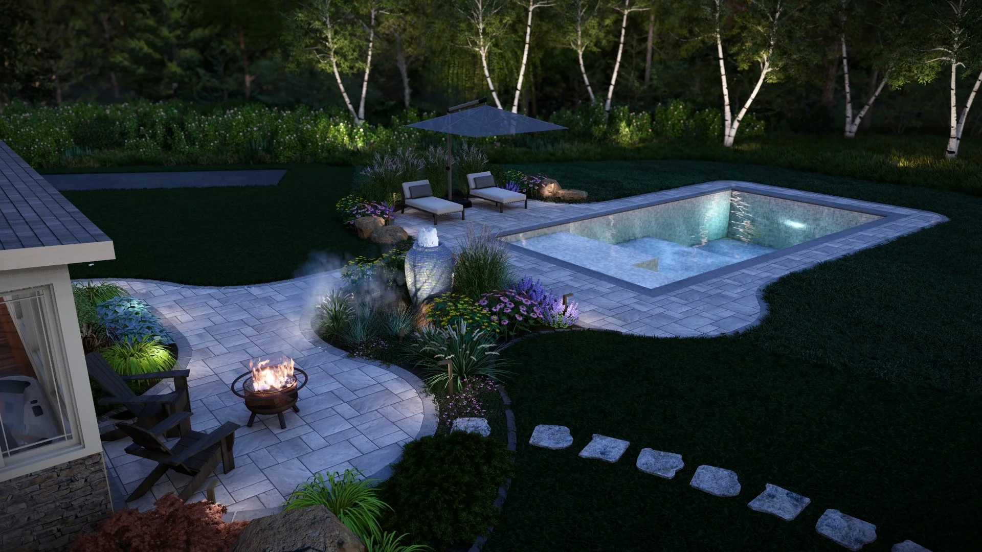 landscape rendering with a bubbling urn water feature a sun patio with a pool and fire bowl
