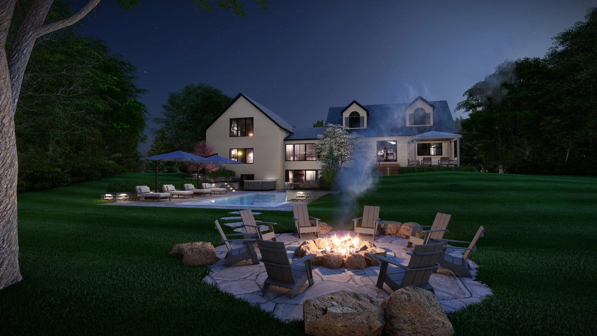 Nighttime 3D rendering of a modern pool area with patio seating, step lighting, and illuminated planting