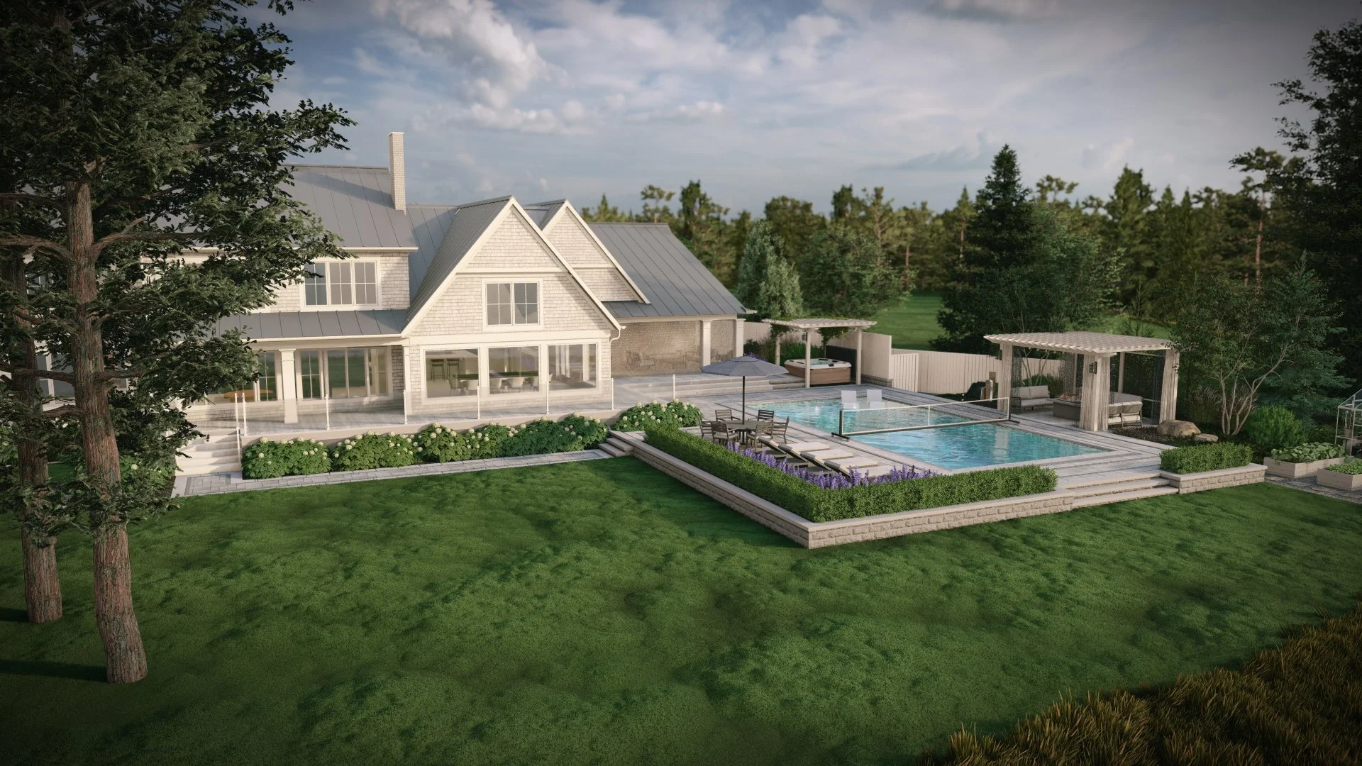 Rendering of a pool, patio, pergola