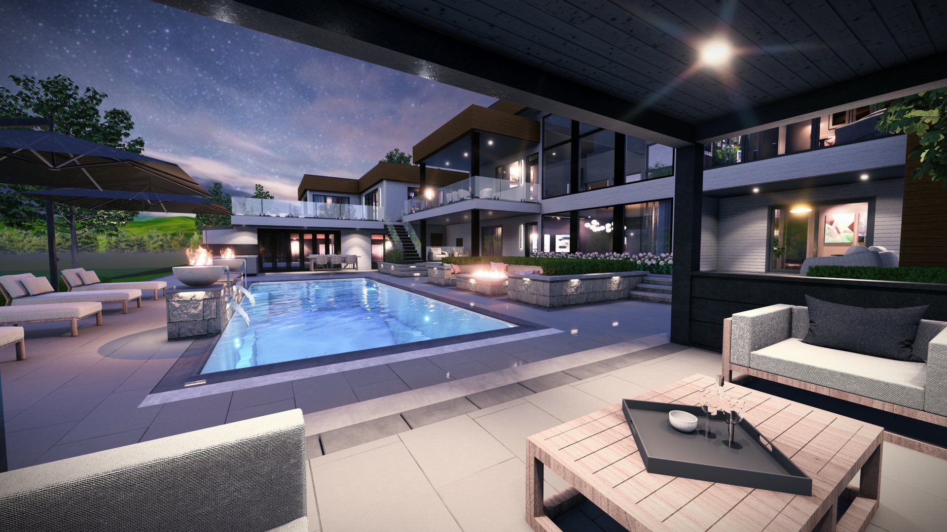 a luxury backyard with fire bowls, large pool, automatic cover, dining and fire table lounge areas.