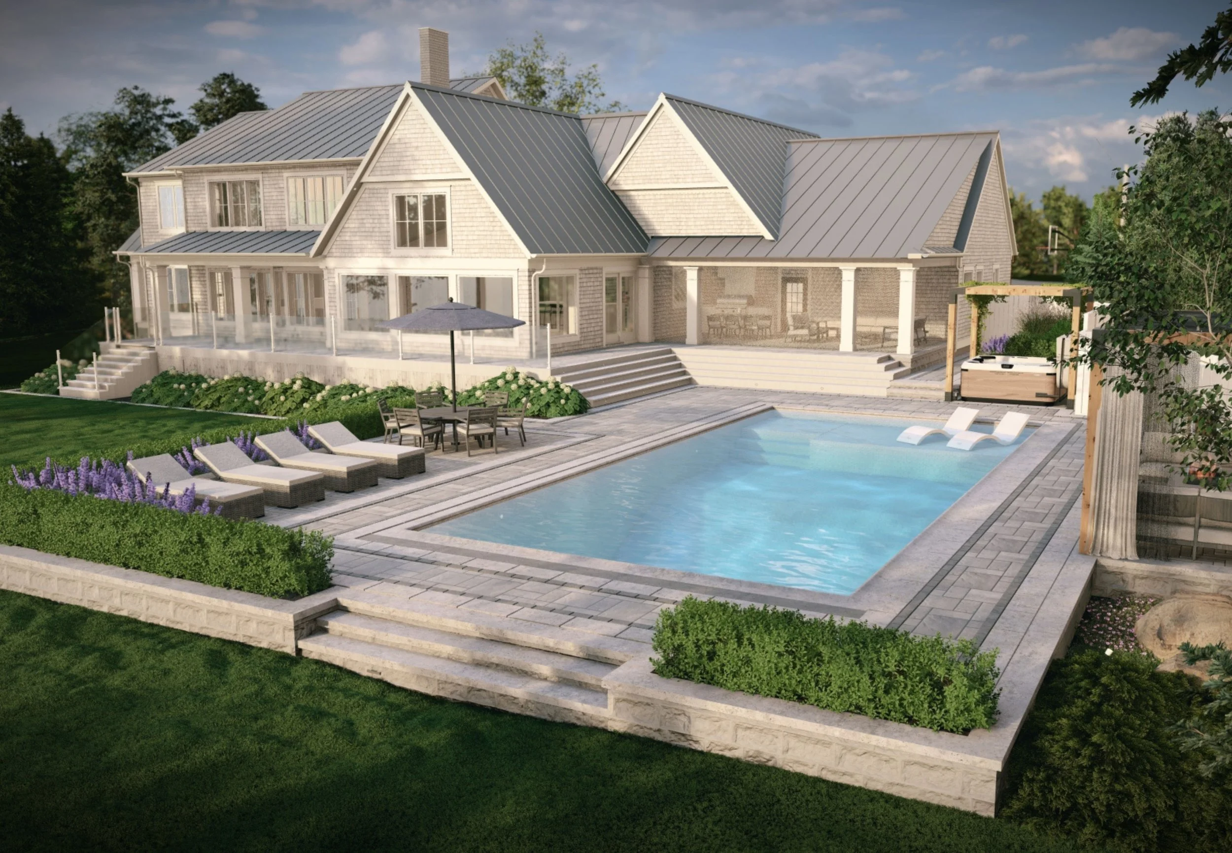 a turnkey modern pool 3D rendering on coastal property with sun patio, pergolas and a large pool with automatic pool cover.