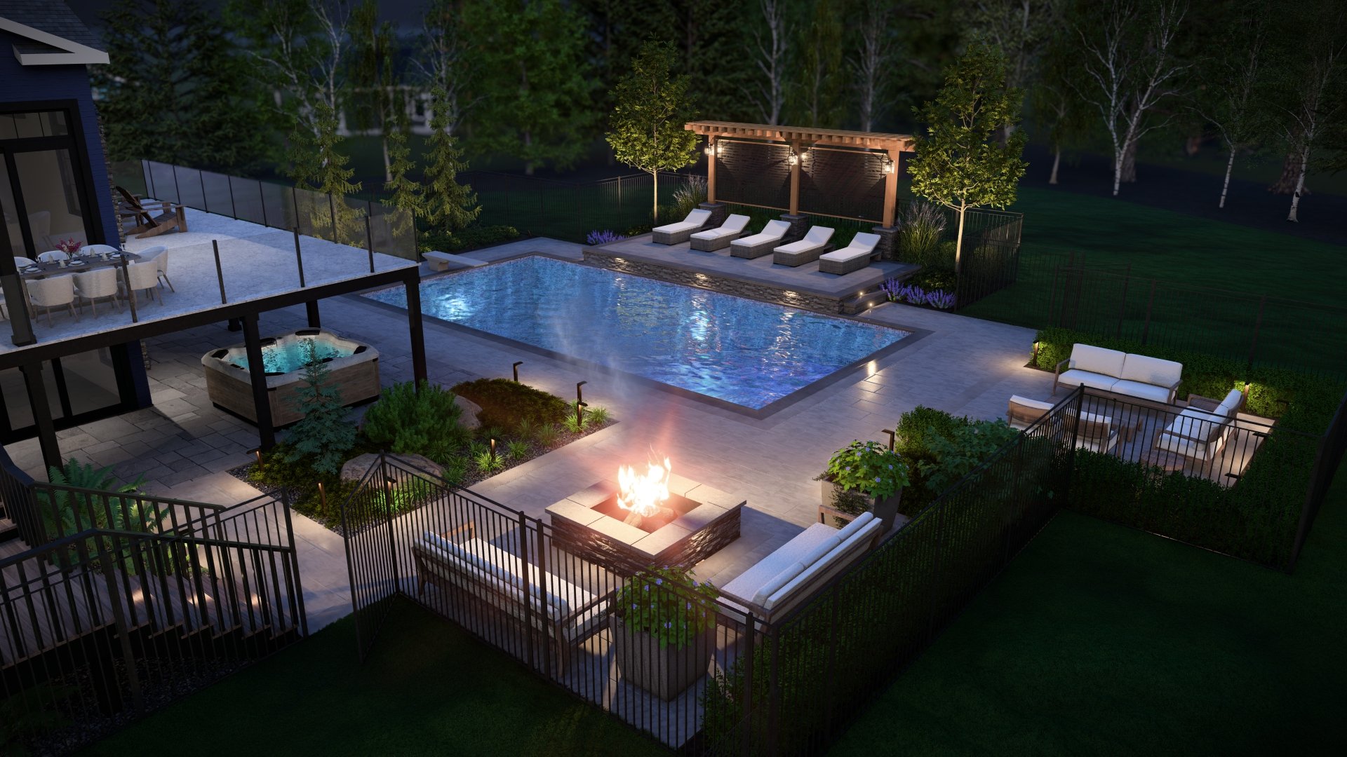 Nighttime 3D rendering of a modern pool area with patio seating, step lighting, and illuminated planting with elevated sun deck and privacy screen