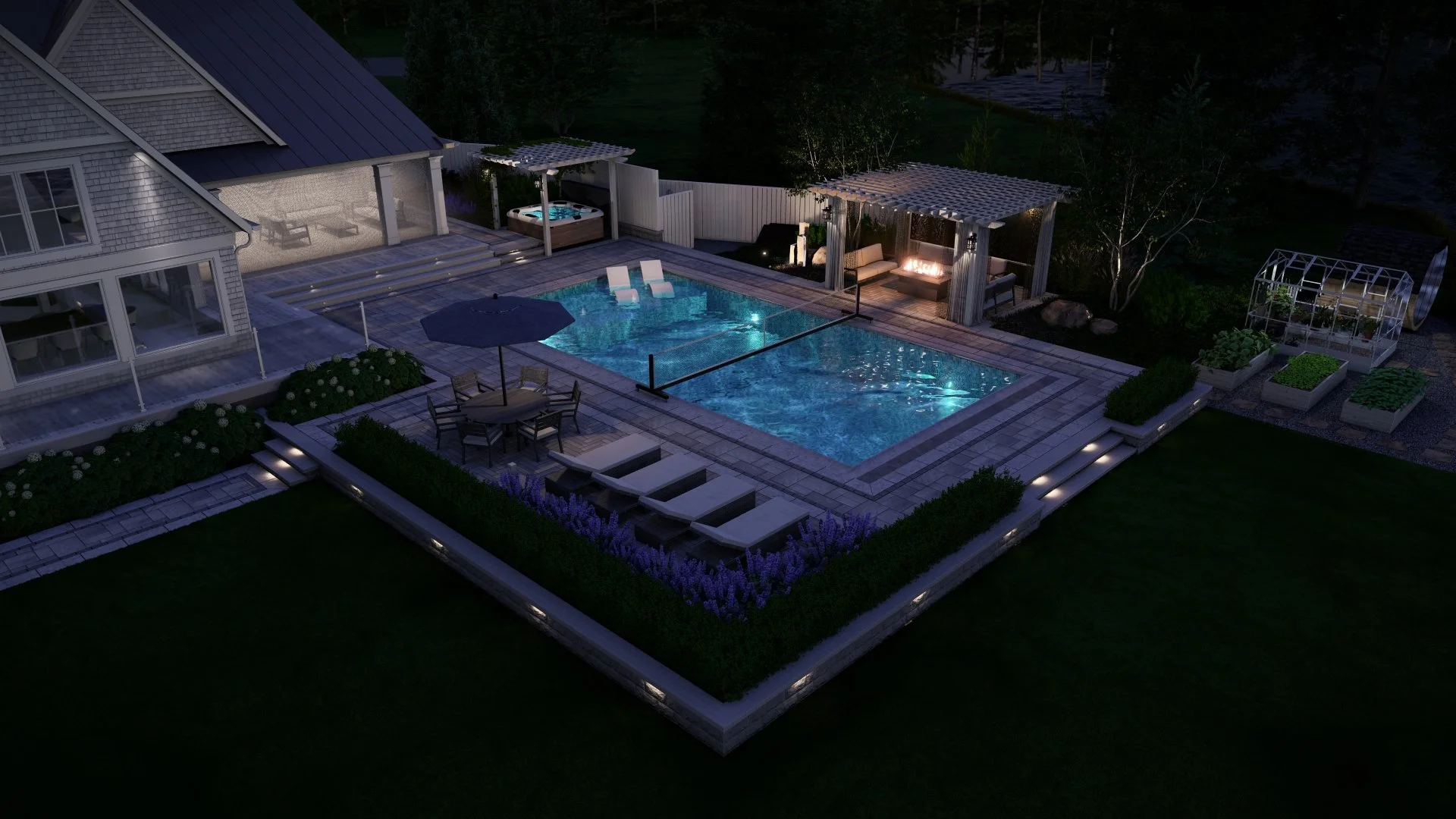 Modern coastal pool design with hardscape patios, white pergola, fire table lounge area, hot tub pergola and large sports pool
