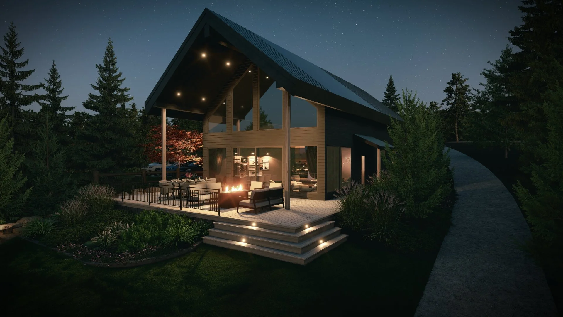 Nighttime 3D rendering of a coastal-modern backyard with layered planting and a deck with fire table
