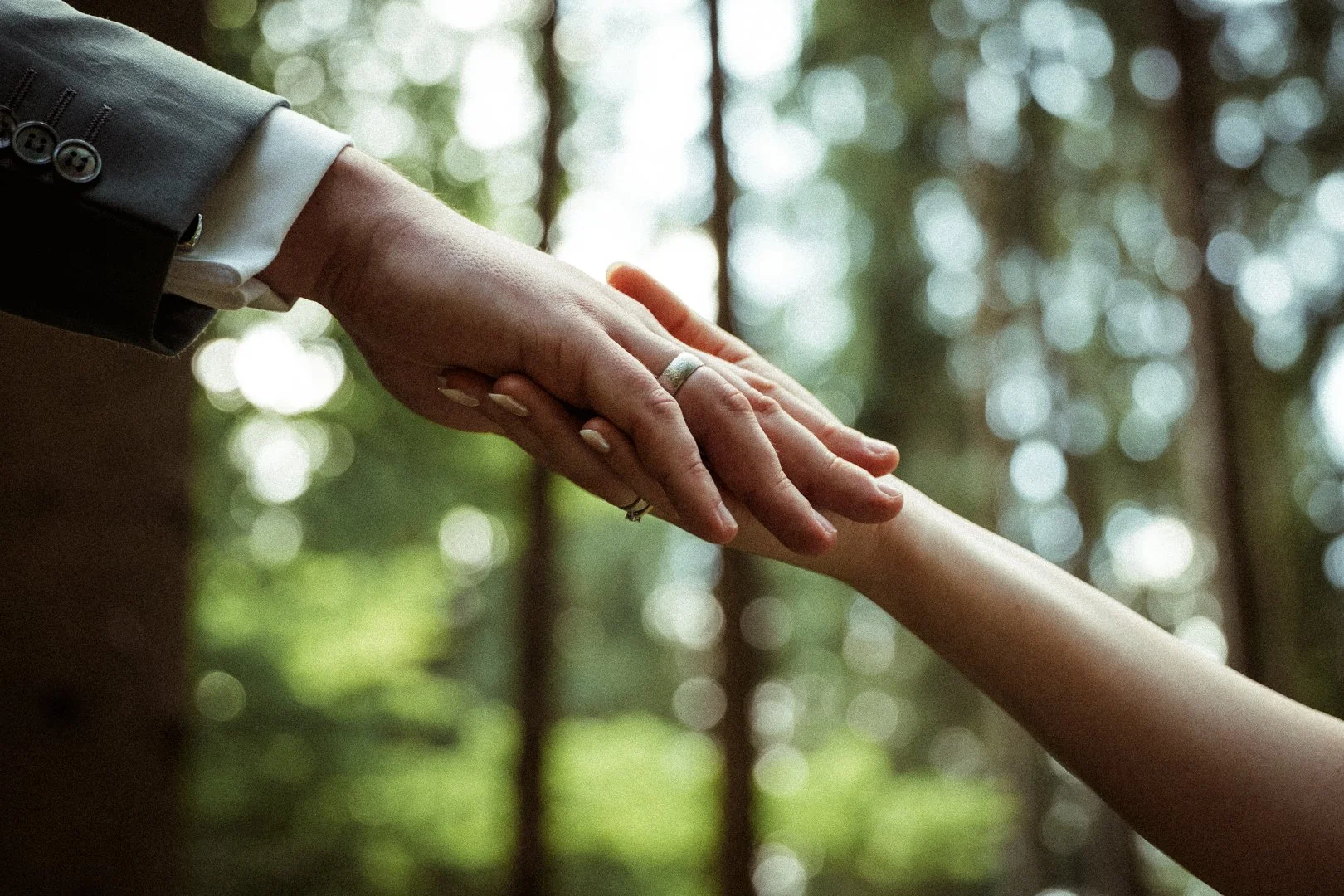 Zwei Hände, eine männlich in einem Anzug und eine weiblich in einem Kleid, die sich berühren, im Wald bei Tageslicht. Intime Hochzeitsfotos