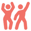 Two stylized, pink human figures dancing or celebrating with raised arms.