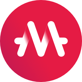 A logo with a white stylized letter 'M' on a red gradient background.