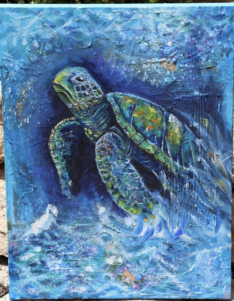 Majestic Sea Turtle Mixed Media Painting