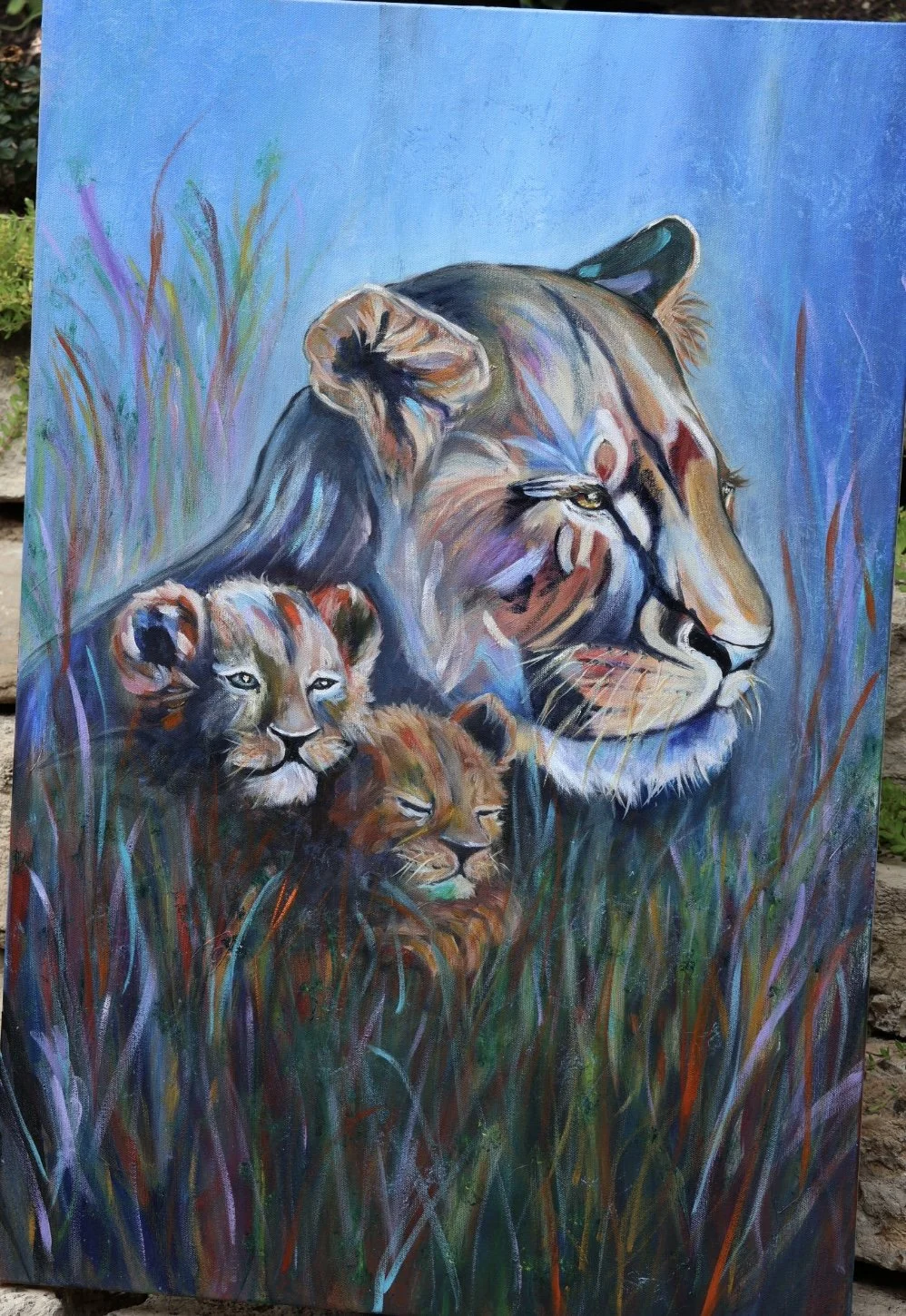 Majestic Lioness and Cubs Mixed Media Painting