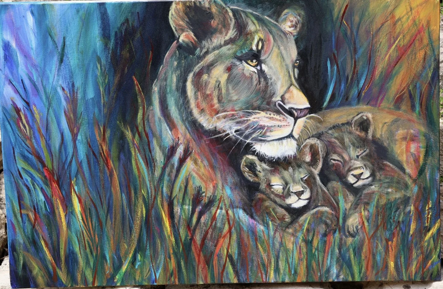 Majestic Bond: Lioness and Cubs Painting