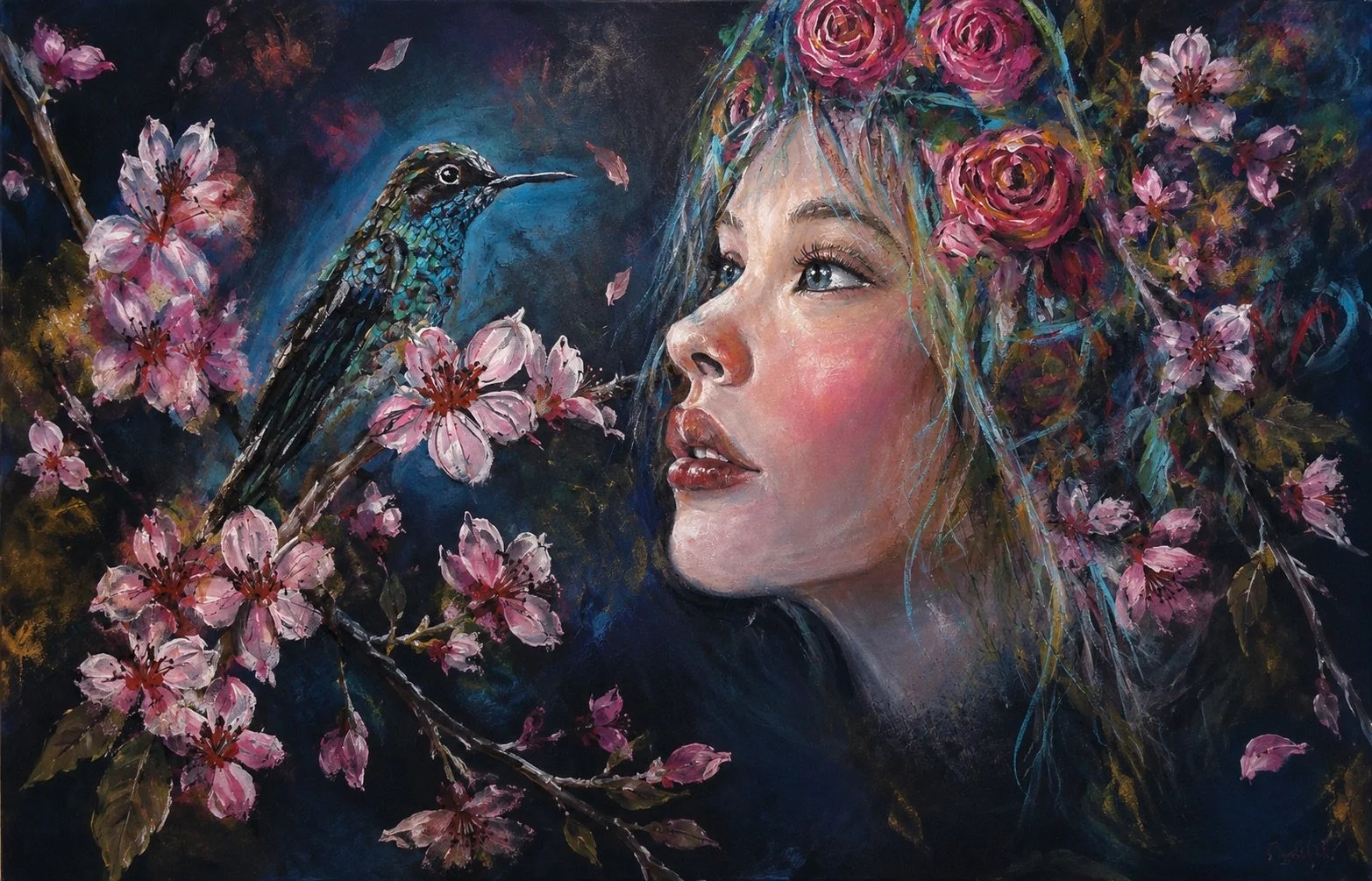 "Woman with hummingbird and roses painting by Kathleen Berry"