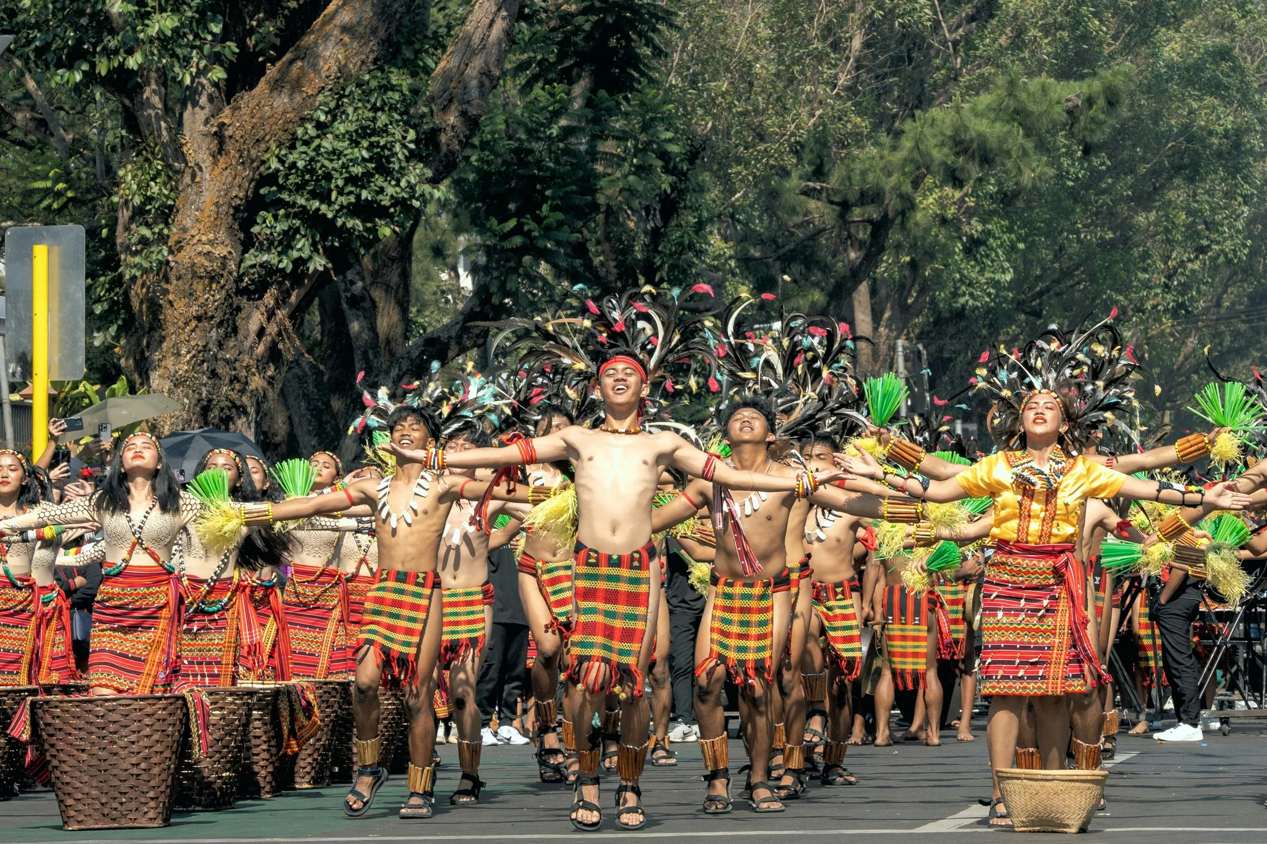 Group of performers dressed in traditional colorful costumes, dancing outdoors during a cultural festival with trees in the background.