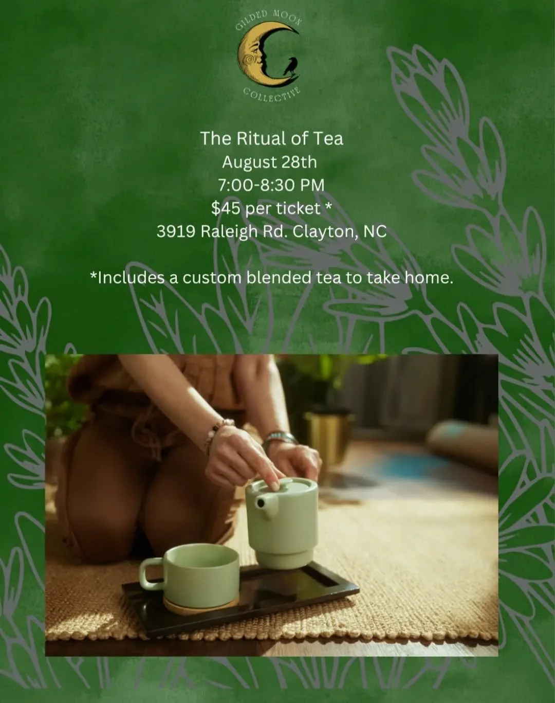 Our next adult Ritual of Tea event is August 28th from 7-8:30PM. 

An evening of intention,  remebering to be fully present and grounded in the moment. The Ritual of Tea has become one of my favorite experiences to offer. We only have 10 spots availa