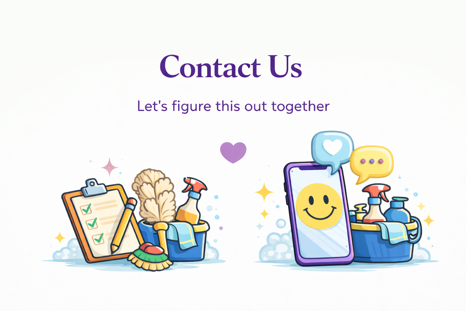 Digital illustration of cleaning supplies like spray bottles, sponges, clipboard, and a mop bucket, with a smartphone displaying a smiling face and chat bubbles, suggesting contact and communication.