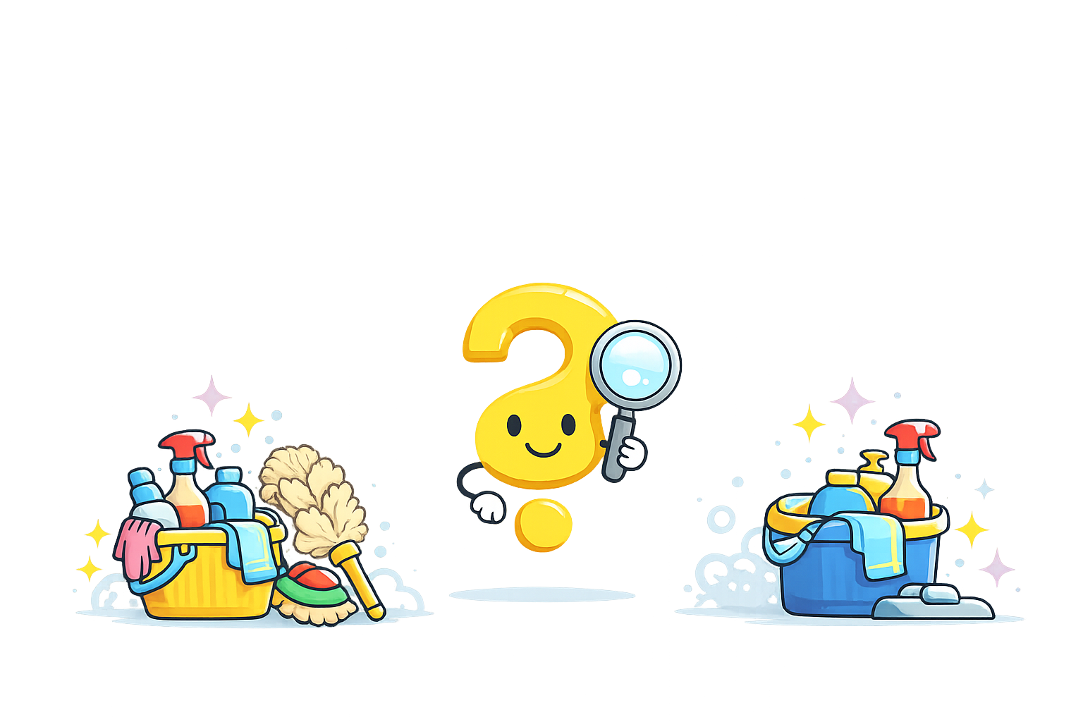 A cartoon illustration of a smiling yellow question mark with eyes and a mouth, holding a magnifying glass, surrounded by cleaning supplies such as spray bottles, a yellow bucket, cleaning cloths, a sponge, and cleaning gloves, with sparkles and bubbles for a cheerful cleaning theme.