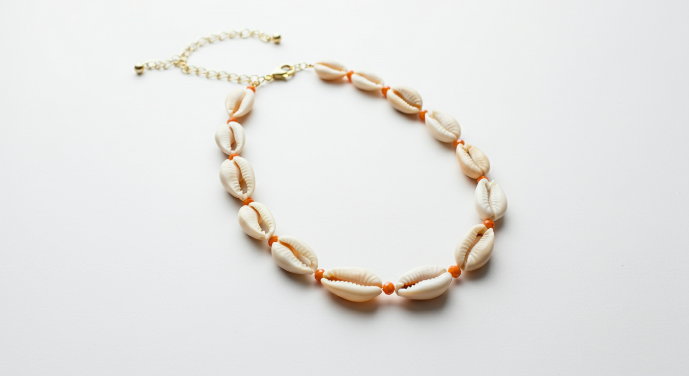 Beaded necklace with shells and orange beads on a white background.
