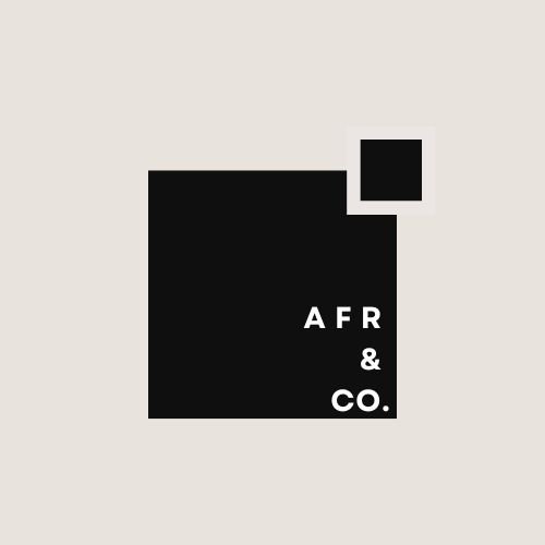 A minimalist logo with black and beige geometric shapes and the text "AFR & CO." in white.