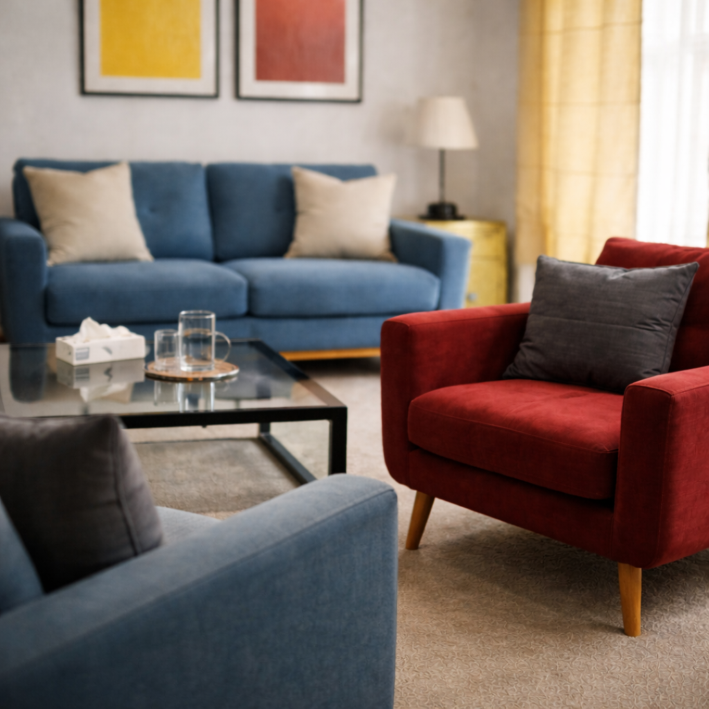 Living room with a blue sofa, a red armchair with a black pillow, a glass coffee table with a glass of water and tissues, a side table with a lamp, and artwork on the wall.