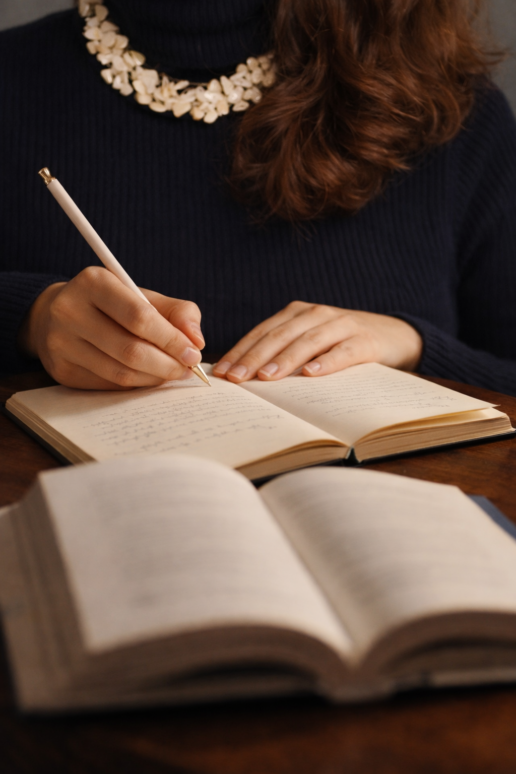 A woman in a dark sweater and a pearl necklace is writing in a notebook with a white pen. There is an open book on a wooden table in front of her.