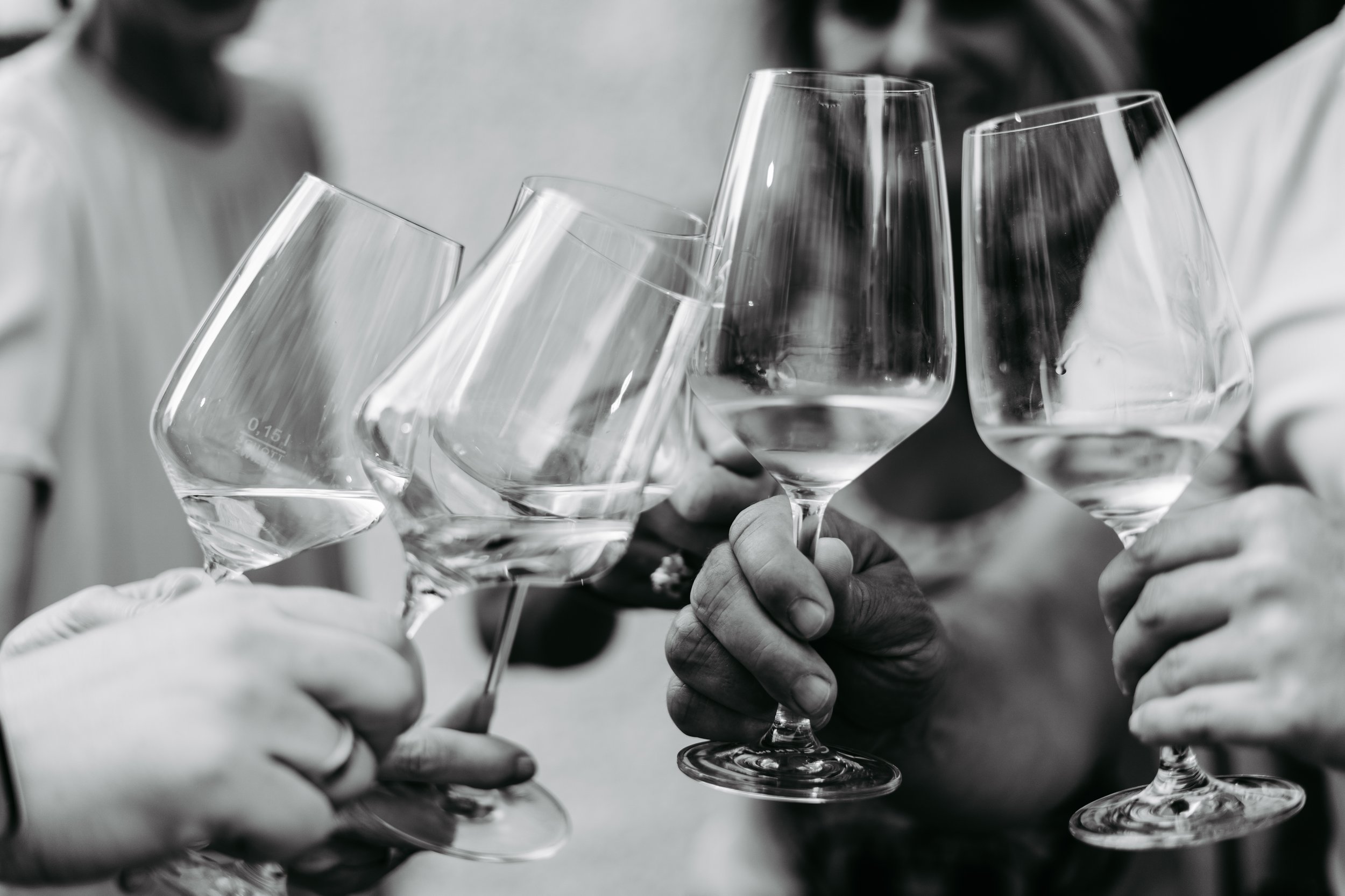 Fünf Menschen stoßen mit Weingläsern auf ein Fest oder eine Feier an, die Gläser sind fast leer, in schwarzem und weißem Bild.