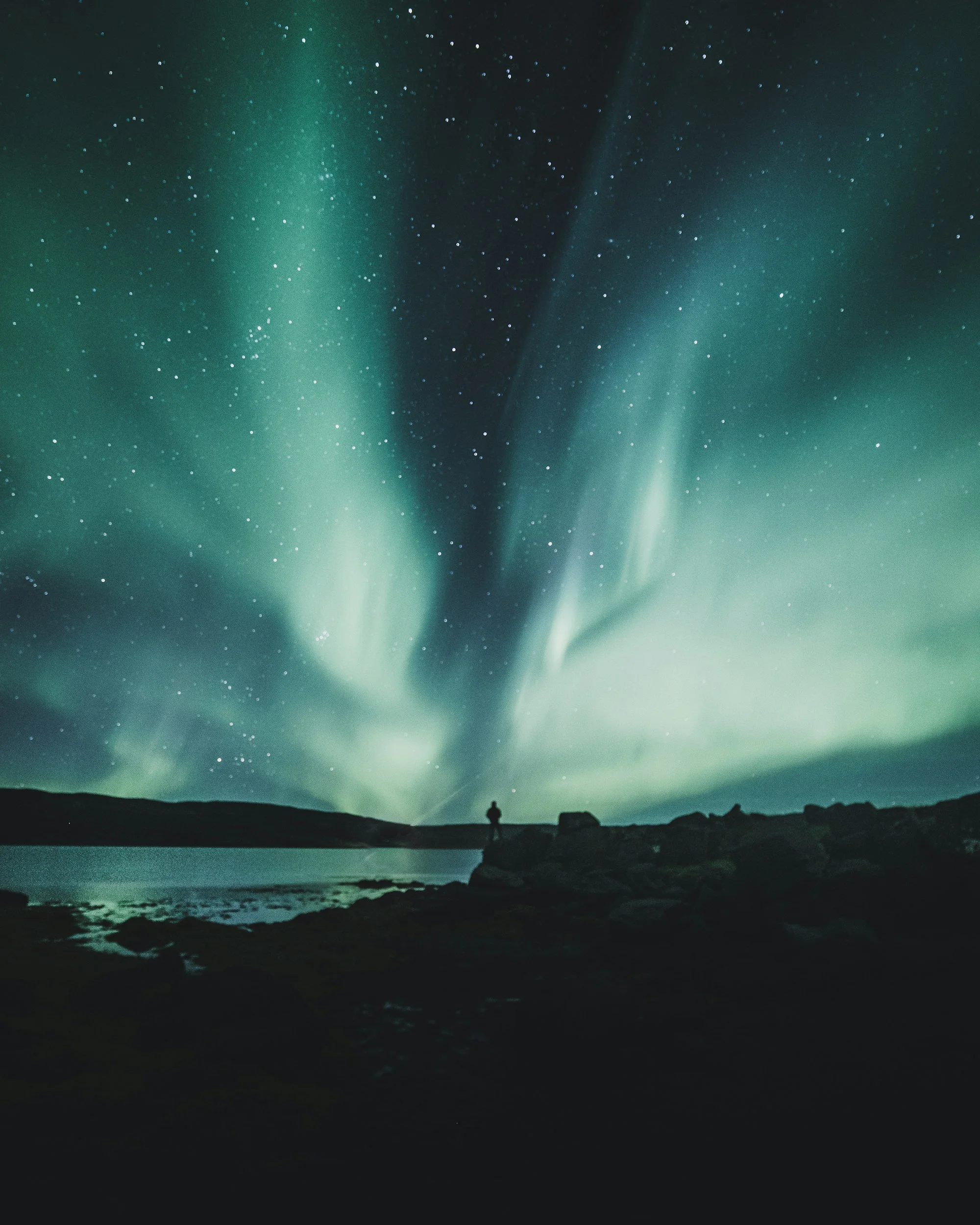 A person standing on a rocky coastline under a night sky illuminated by the Northern Lights and stars, with a body of water in the foreground.