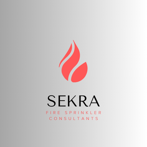 Logo for Sekra Fire Sprinkler Consultants, featuring a red flame icon on a light gray background.