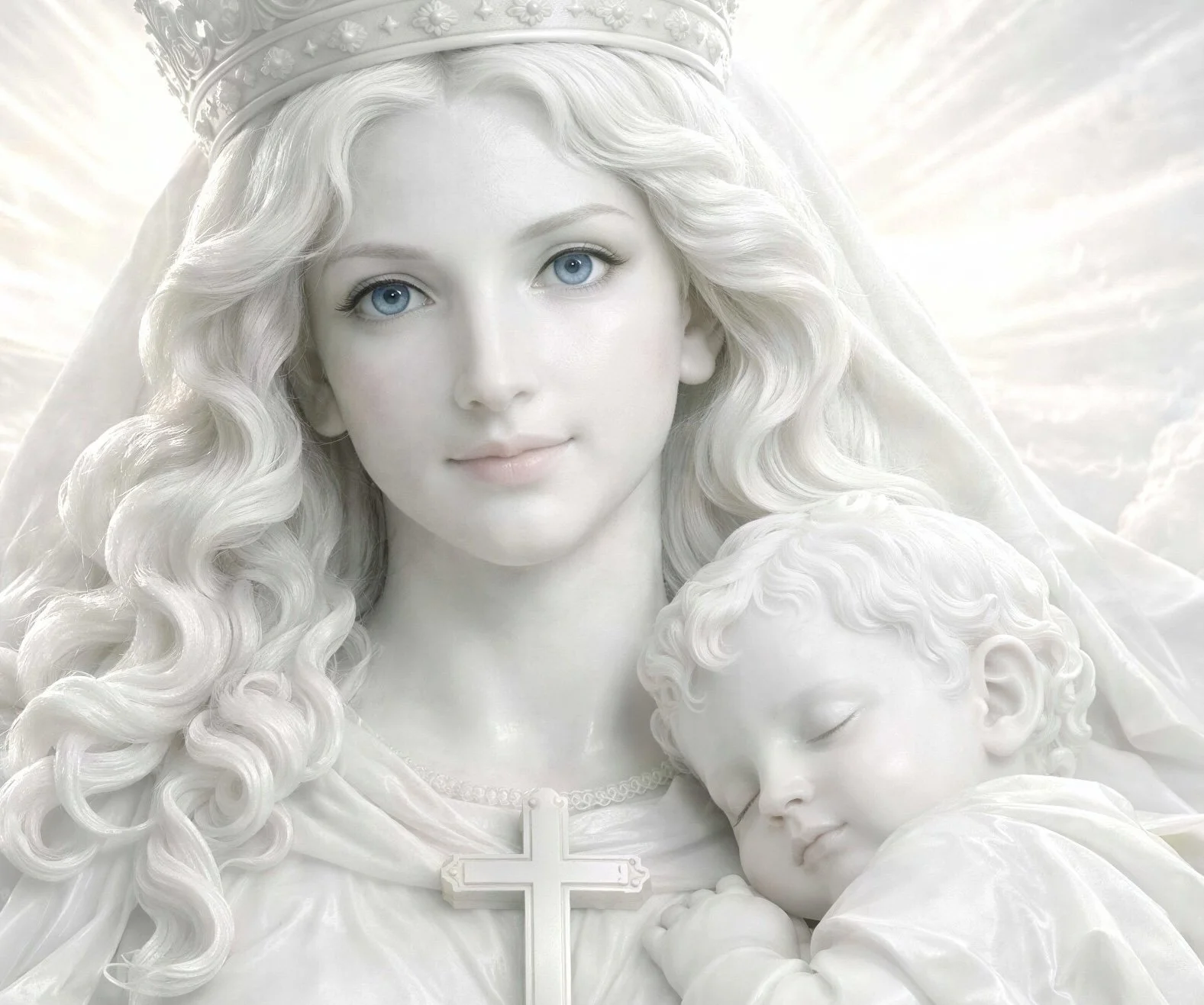 Religious artwork of the Virgin Mary in white marble with long, wavy hair, wearing a crown and holding a sleeping child, both in white, set against a cloudy sky background.