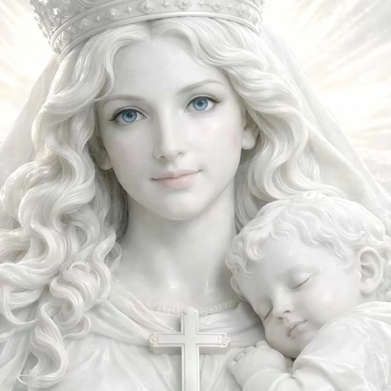 Religious artwork of the Virgin Mary as a highly detailed, monochromatic white sculpture with long, curly hair, wearing a crown, holding a sleeping child Jesus. Blessed Mary has blue eyes and wears a cross pendant around her neck.