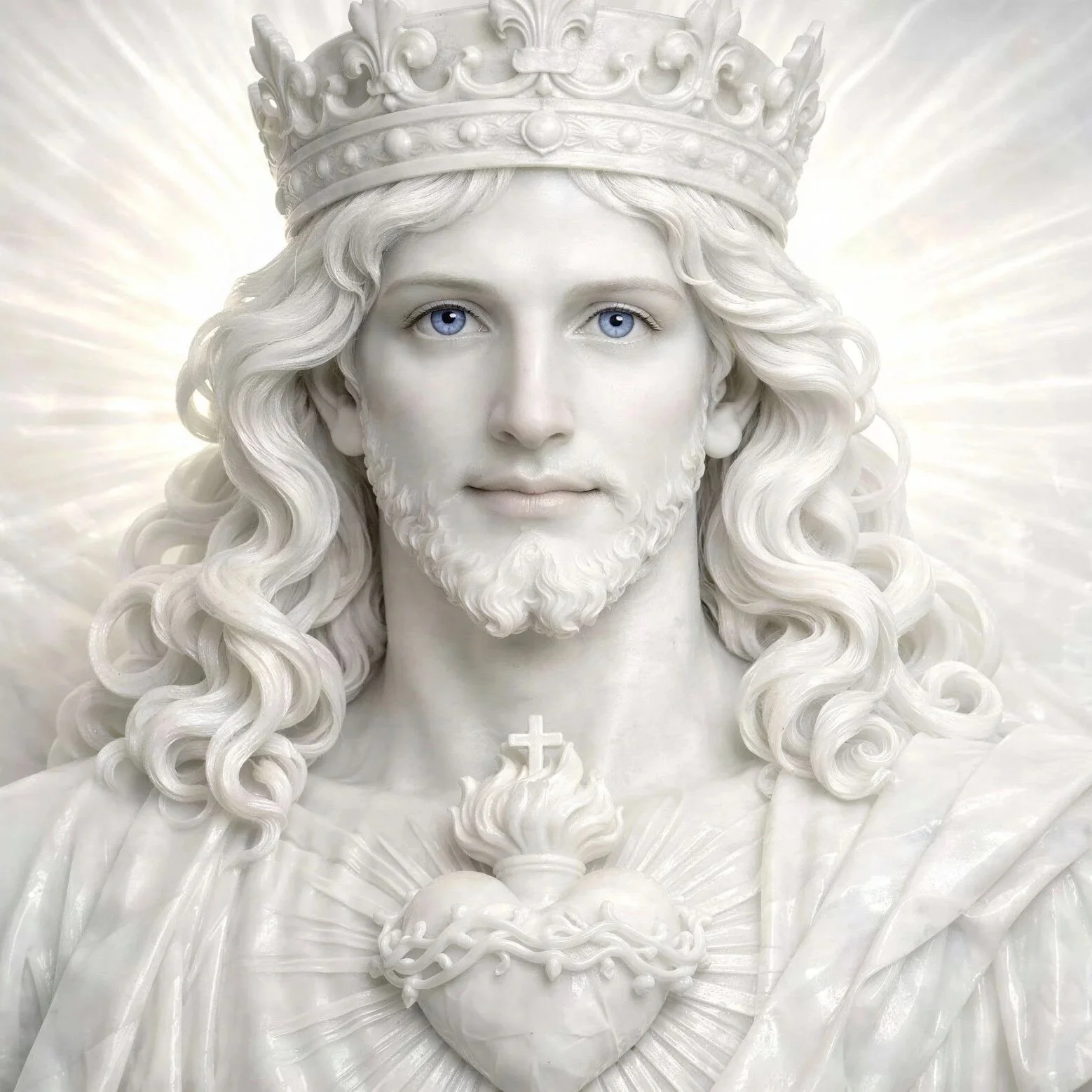 A detailed white sculpture of Jesus Christ wearing a crown, with long curly hair and a beard, looking directly at the viewer. The sculpture features a sacred heart with a cross and flames on its chest.