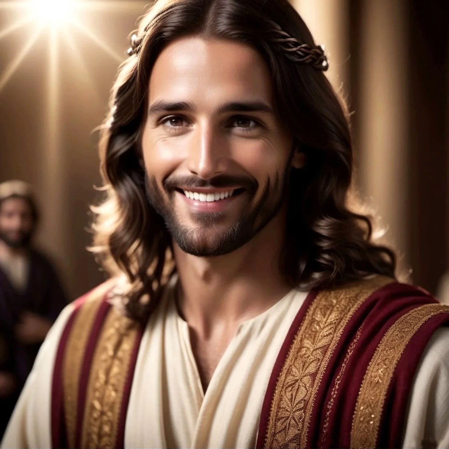 Joyous Jesus Christ with long brown hair, a beard, and dressed in cream and white robes, smiling in a setting with warm lighting.