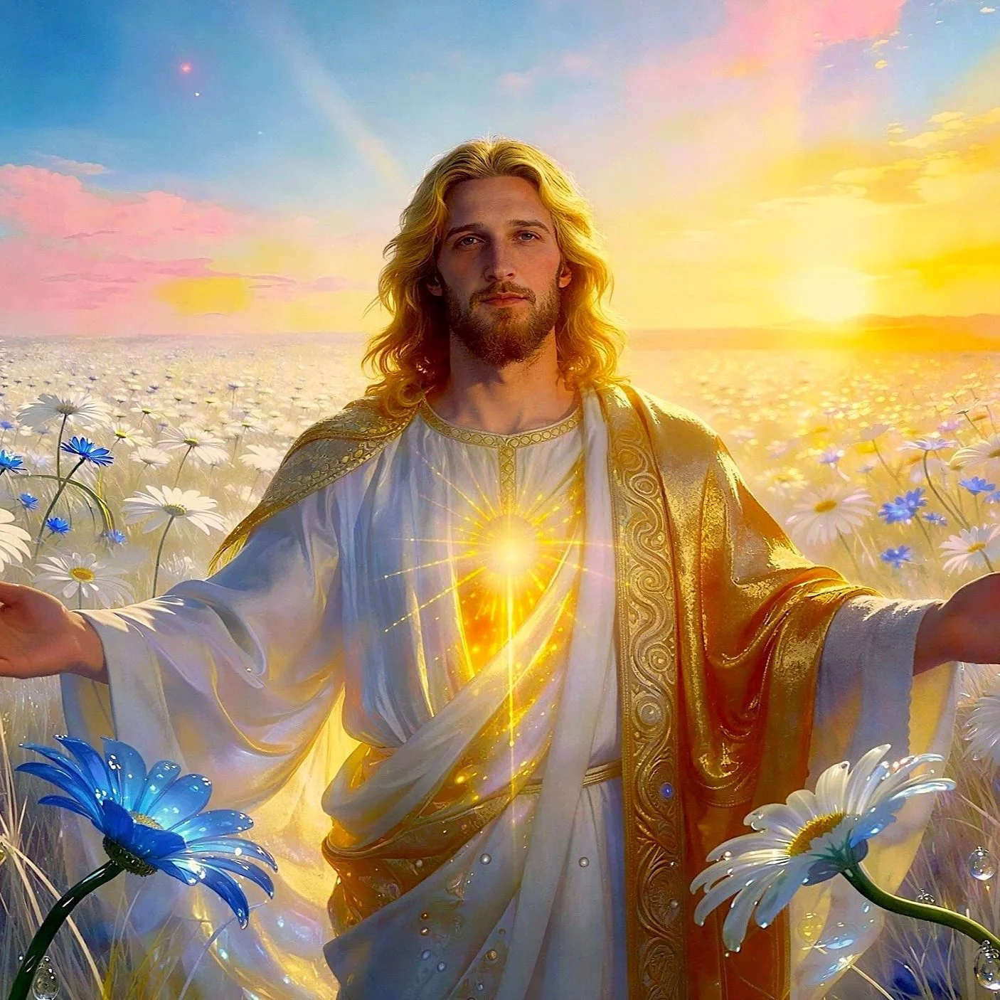 Religious artwork of Jesus Christ with long blonde hair and a beard standing in a field of daisies during sunset, with a glowing heart and divine light on his chest, wearing a white robe with gold accents and a golden cape.